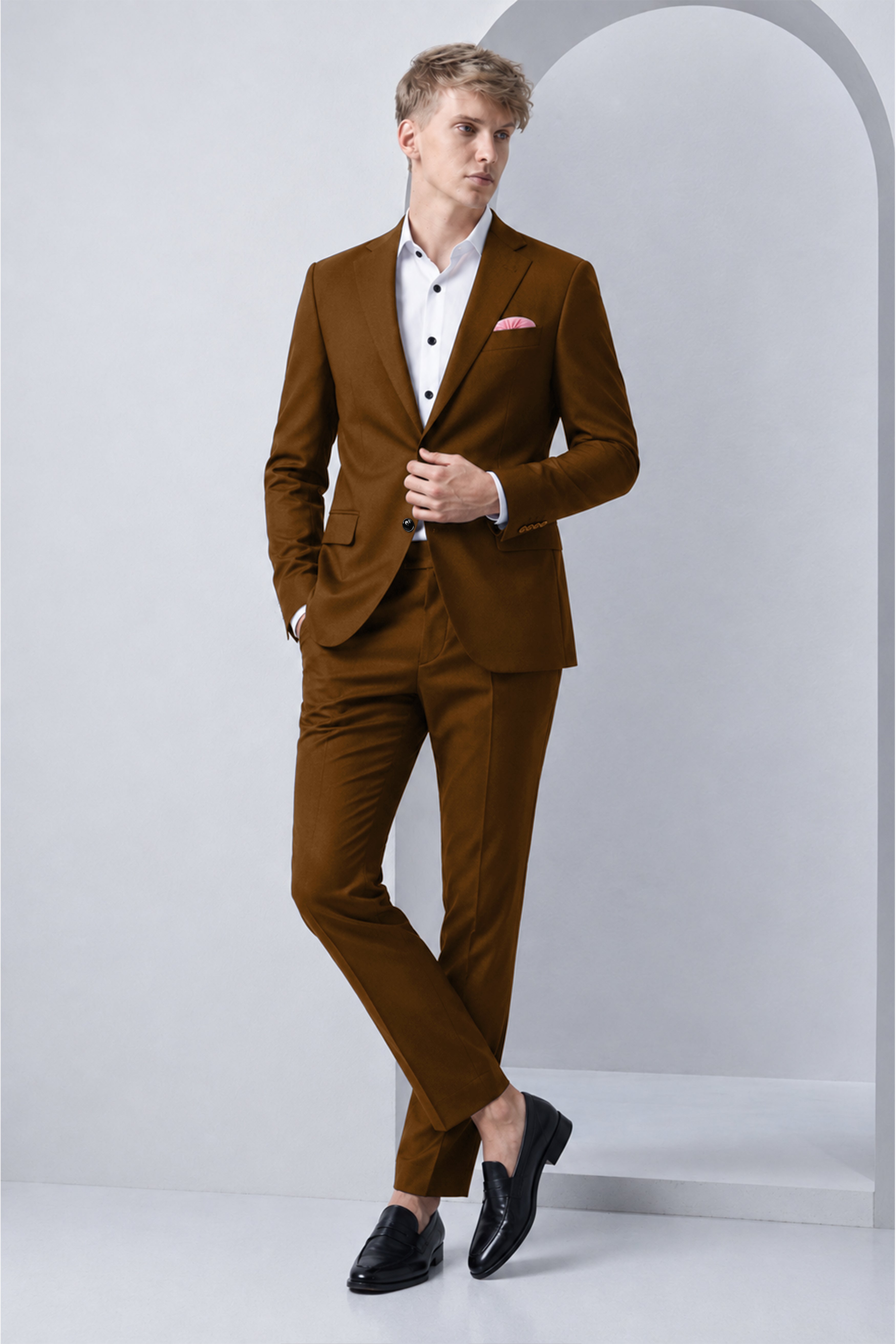 Sienna-Korean Derby Brown 4-Way Stretch Wrinkle-Free Wool Rich Single Breasted Suit