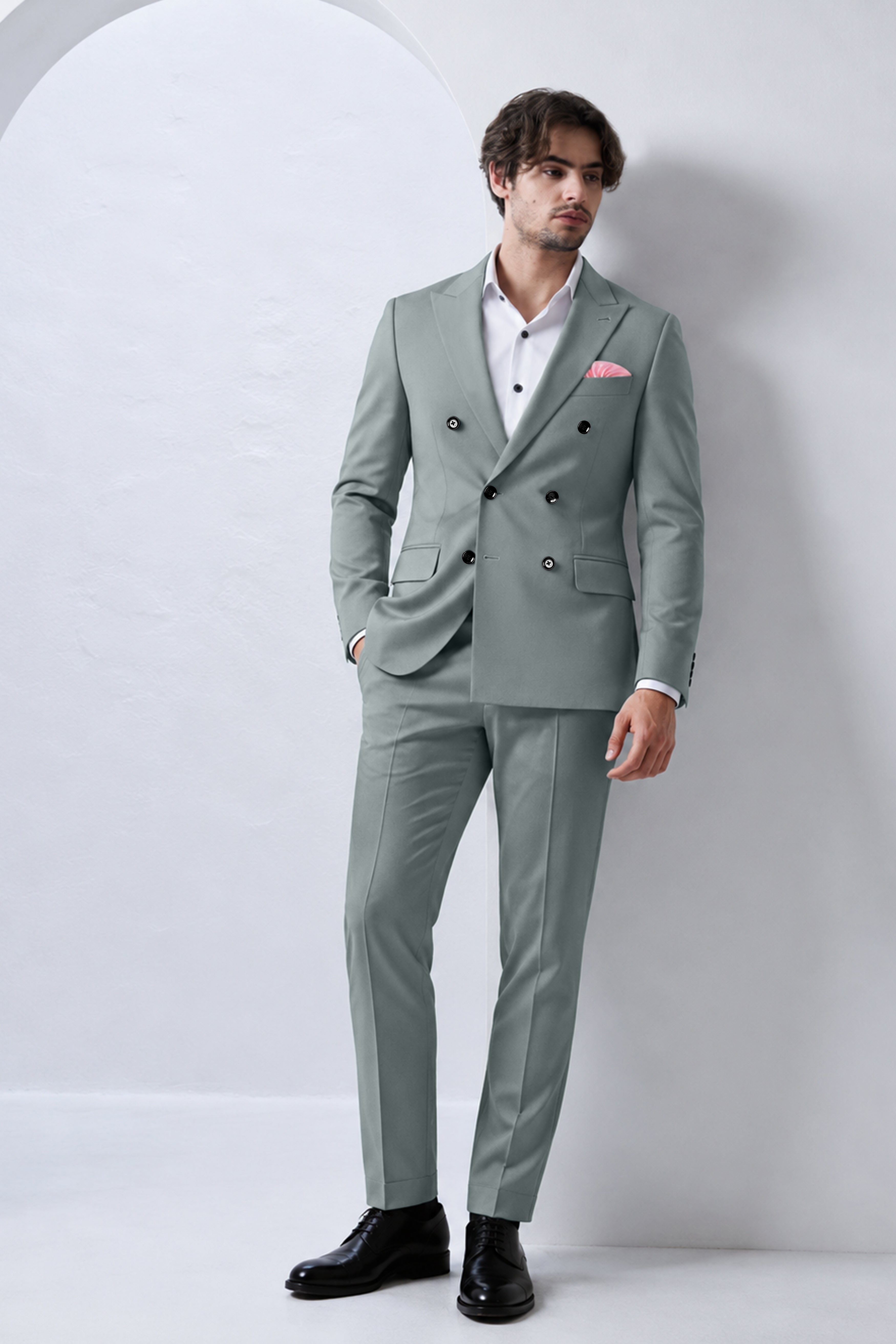 Flexaro-Korean Abbey gray 4-Way Stretch Wrinkle-Free Wool Rich Double Breasted Suit
