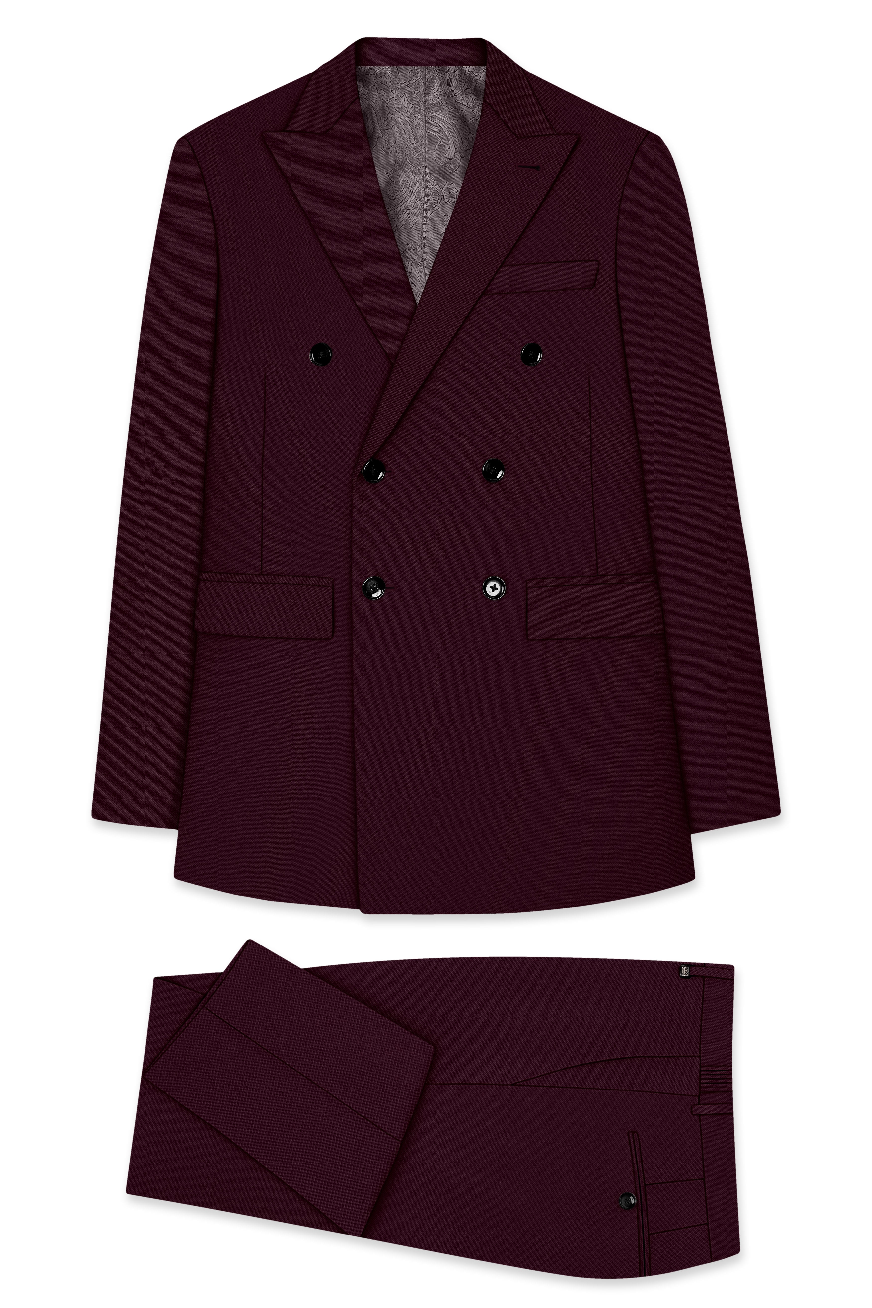 Veltrix-Korean Aubergine Maroon 4-Way Stretch Wrinkle-Free Wool Rich Double Breasted Suit