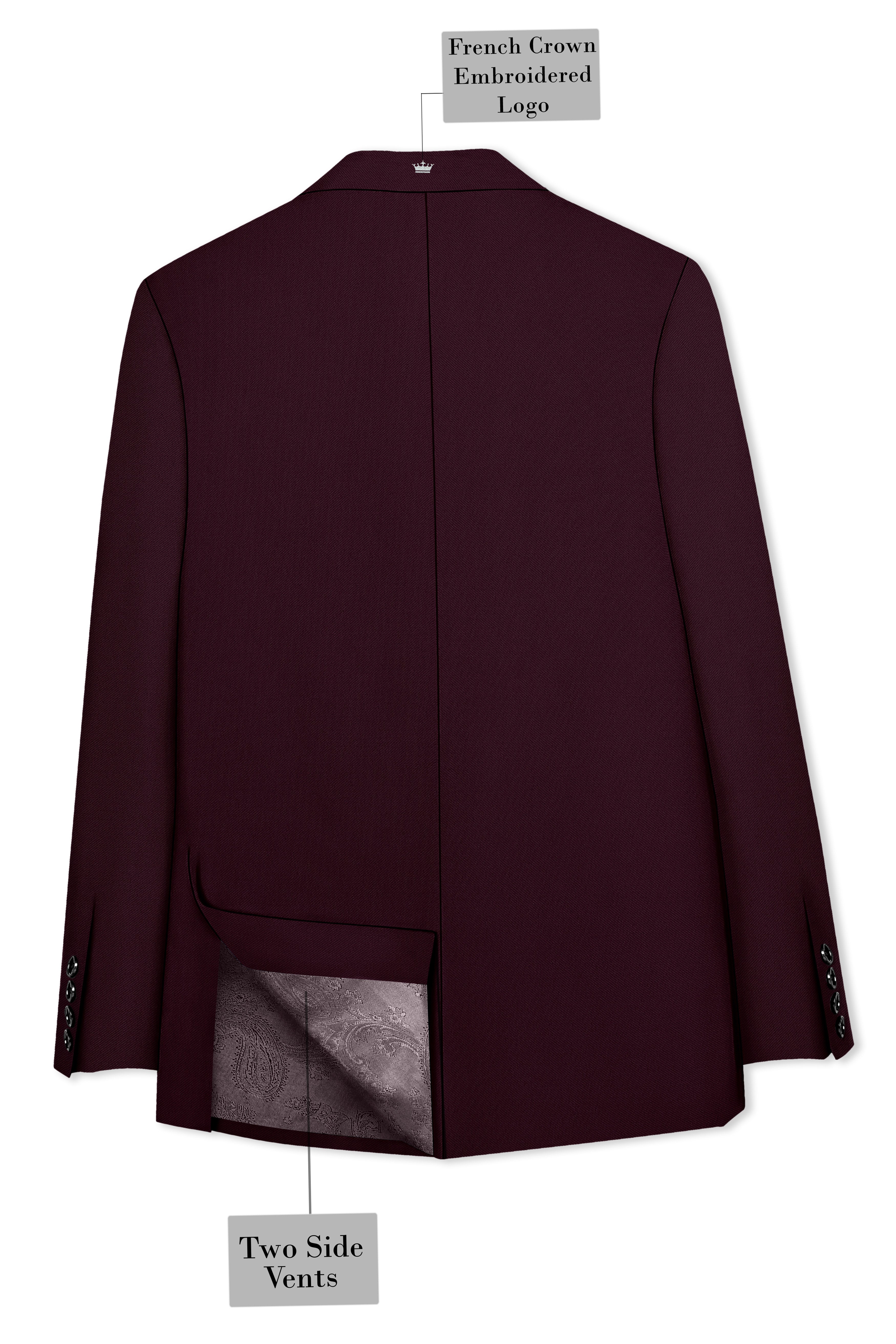 Veltrix-Korean Aubergine Maroon 4-Way Stretch Wrinkle-Free Wool Rich Double Breasted Blazer