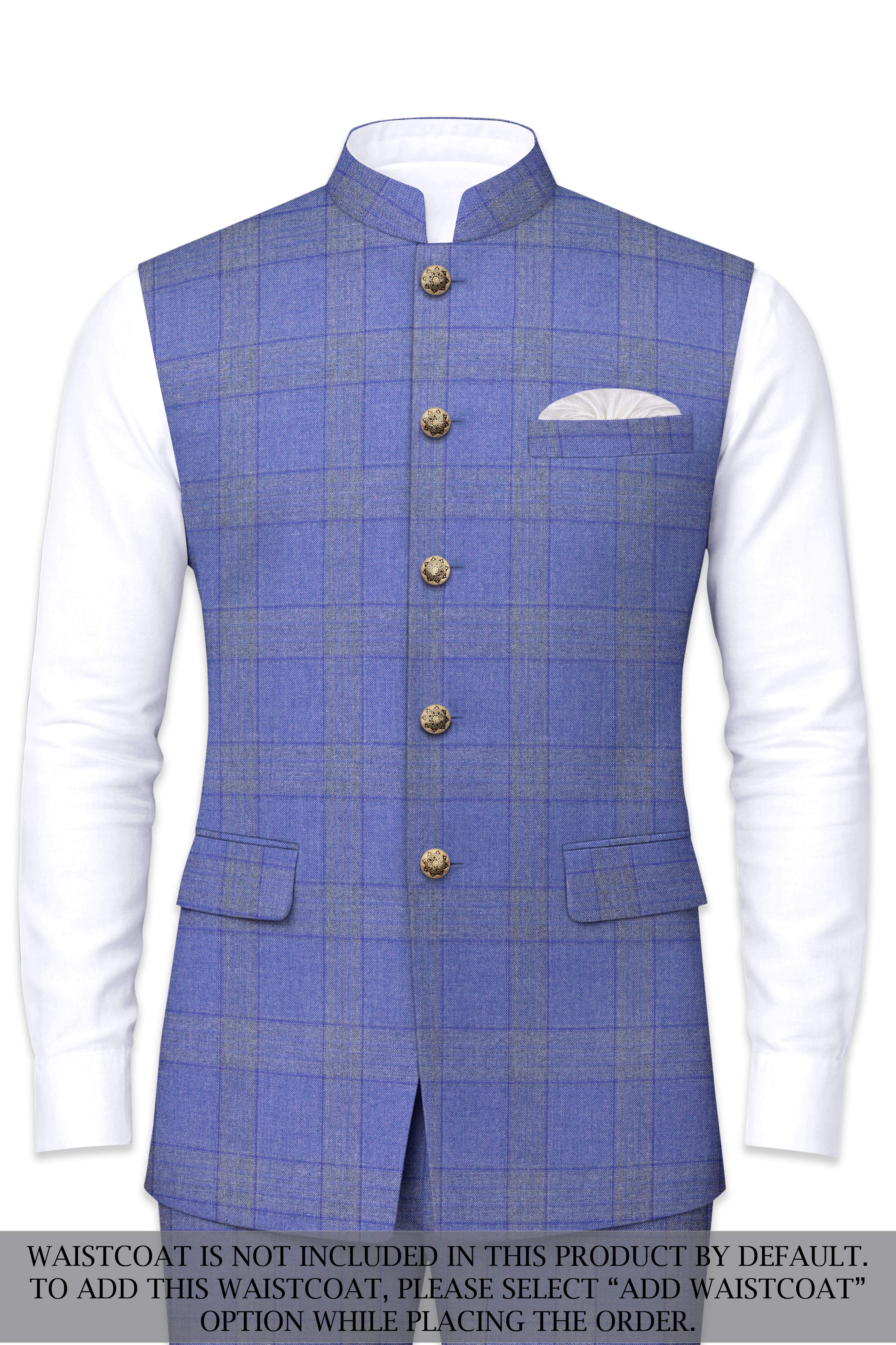 Cobalt-Scampi Blue Plaid Wool Rich Cross Placket Bandhgala Suit