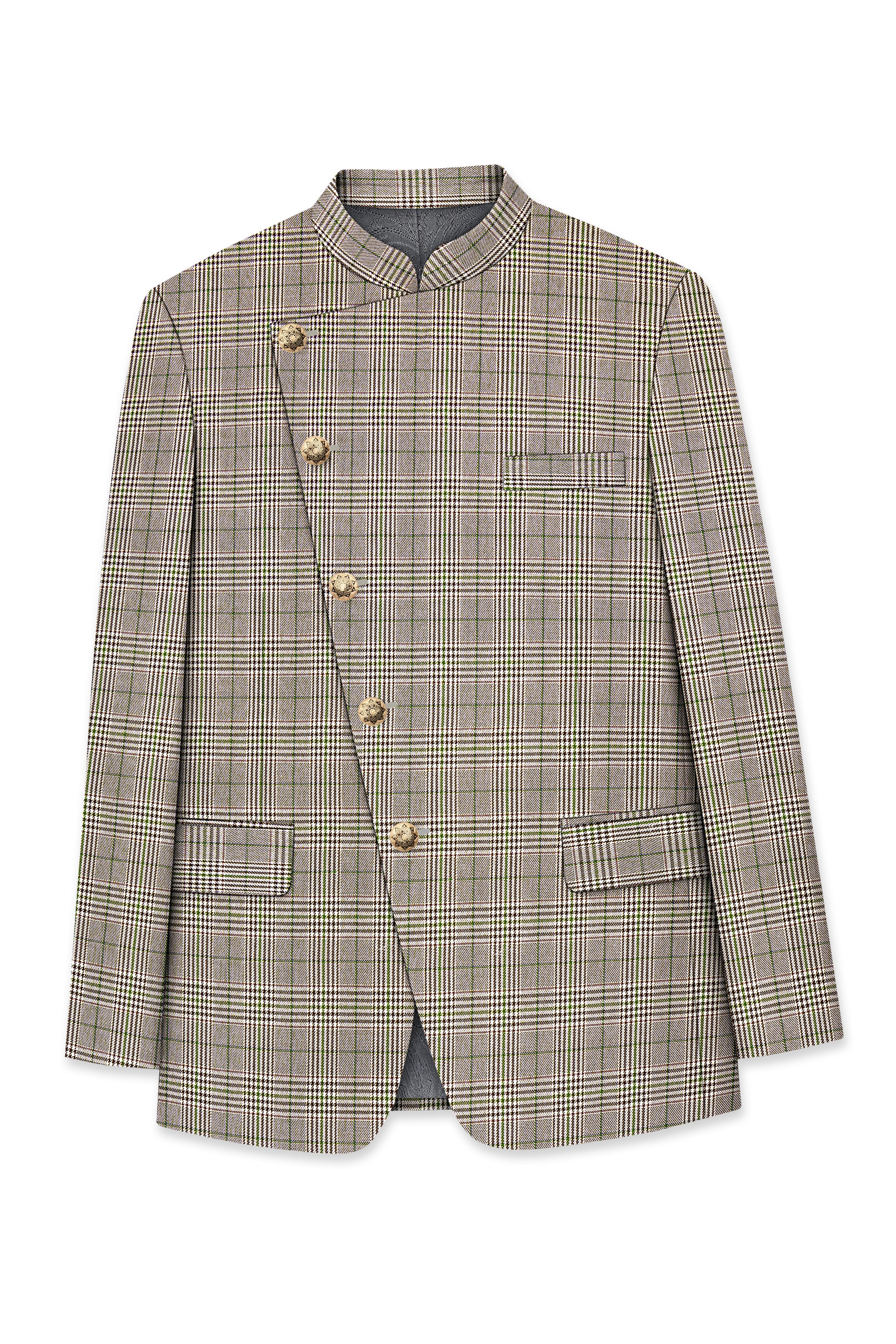 Nawab-Tundora Brown Plaid Wool Rich Cross Placket Bandhgala Suit
