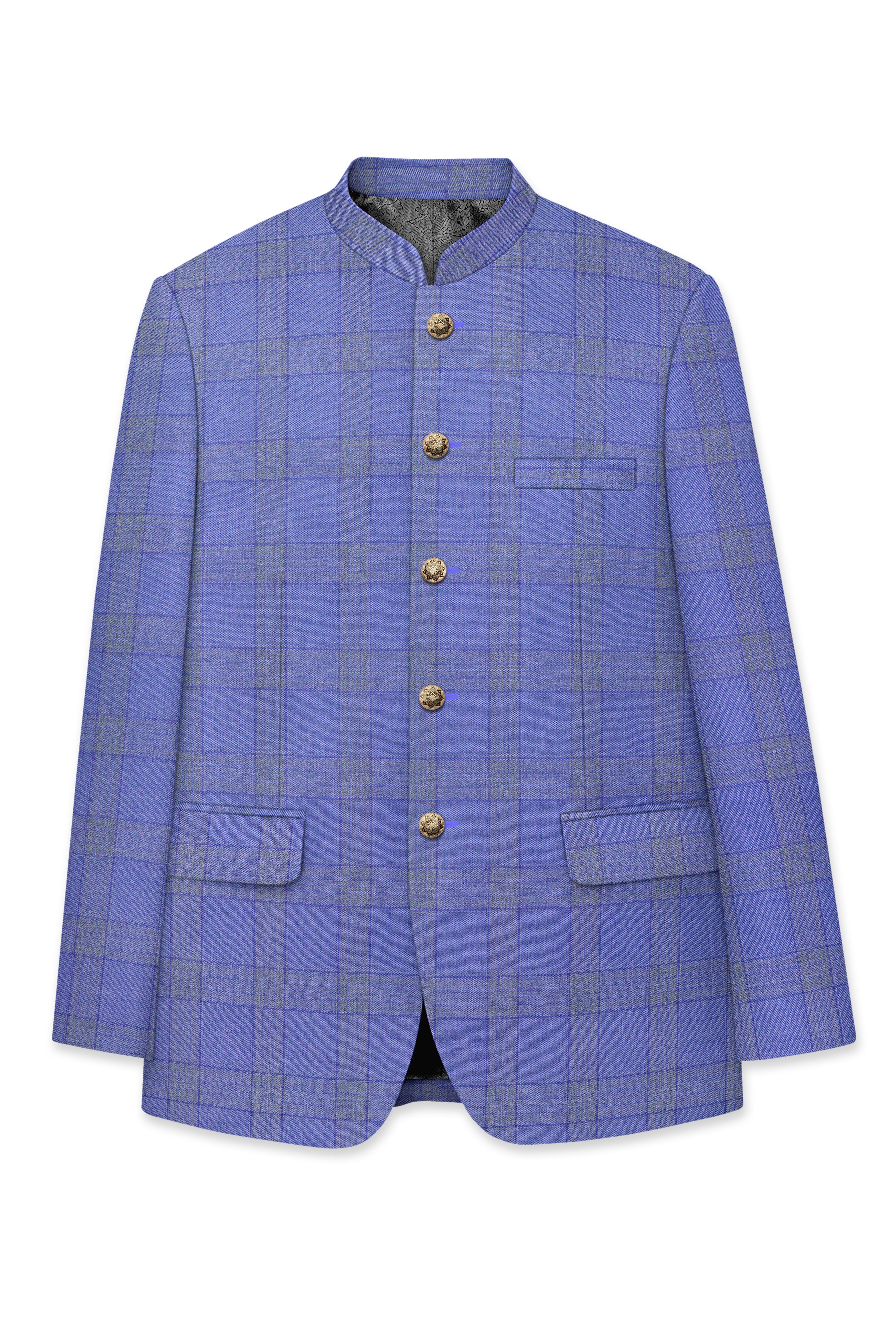 Cobalt-Scampi Blue Plaid Wool Rich Bandhgala Suit