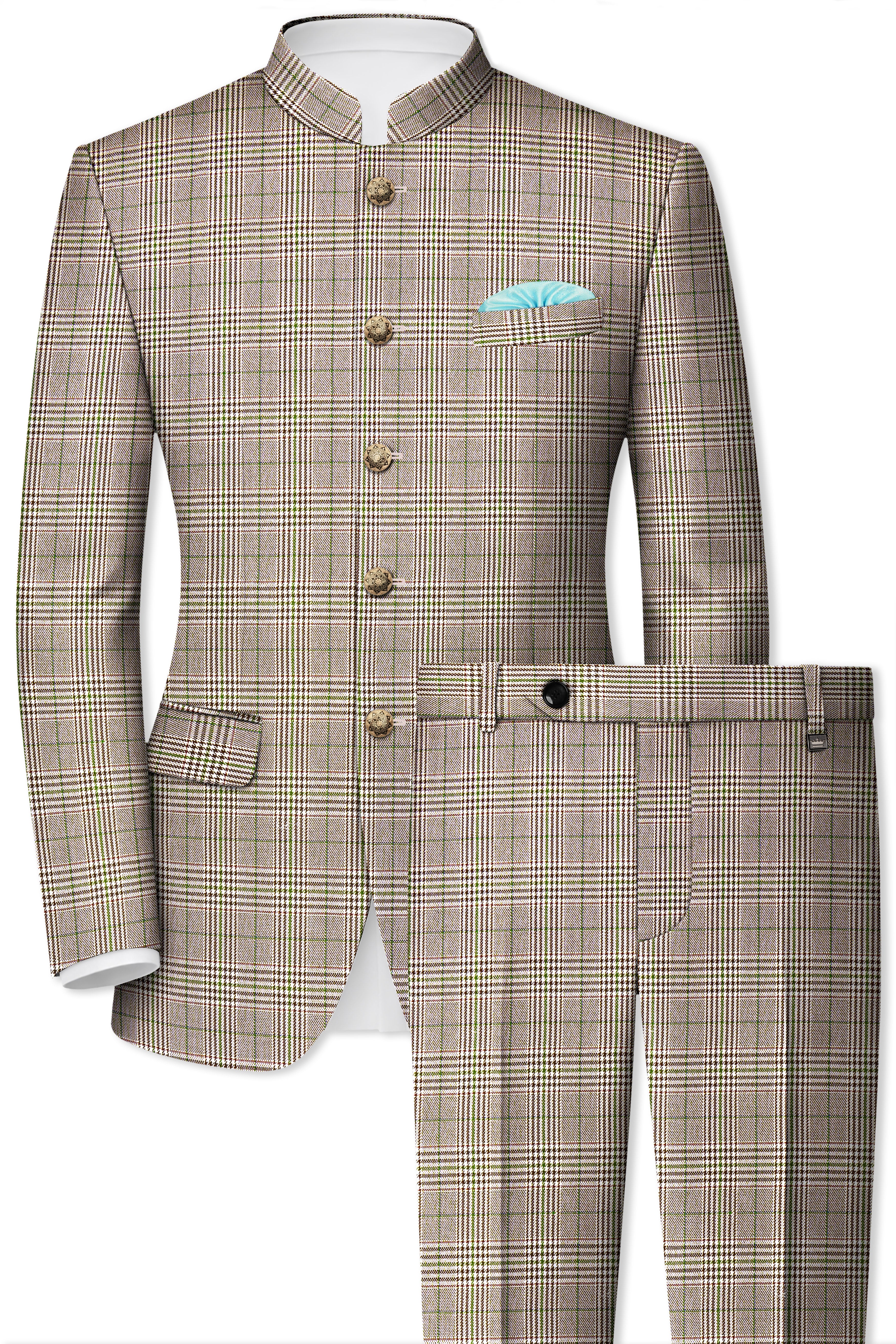 Nawab-Tundora Brown Plaid Wool Rich Bandhgala Suit