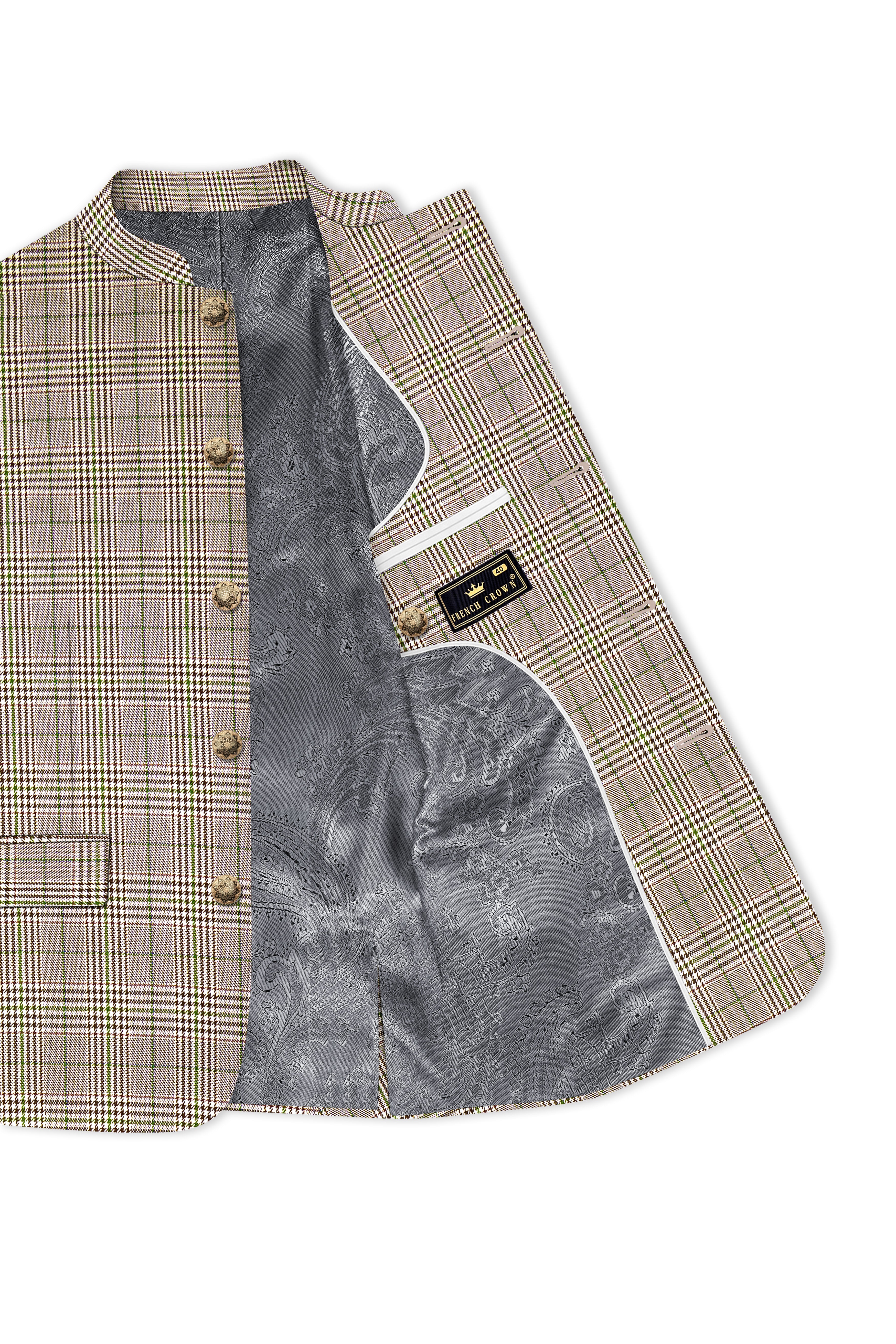 Nawab-Tundora Brown Plaid Wool Rich Bandhgala Suit