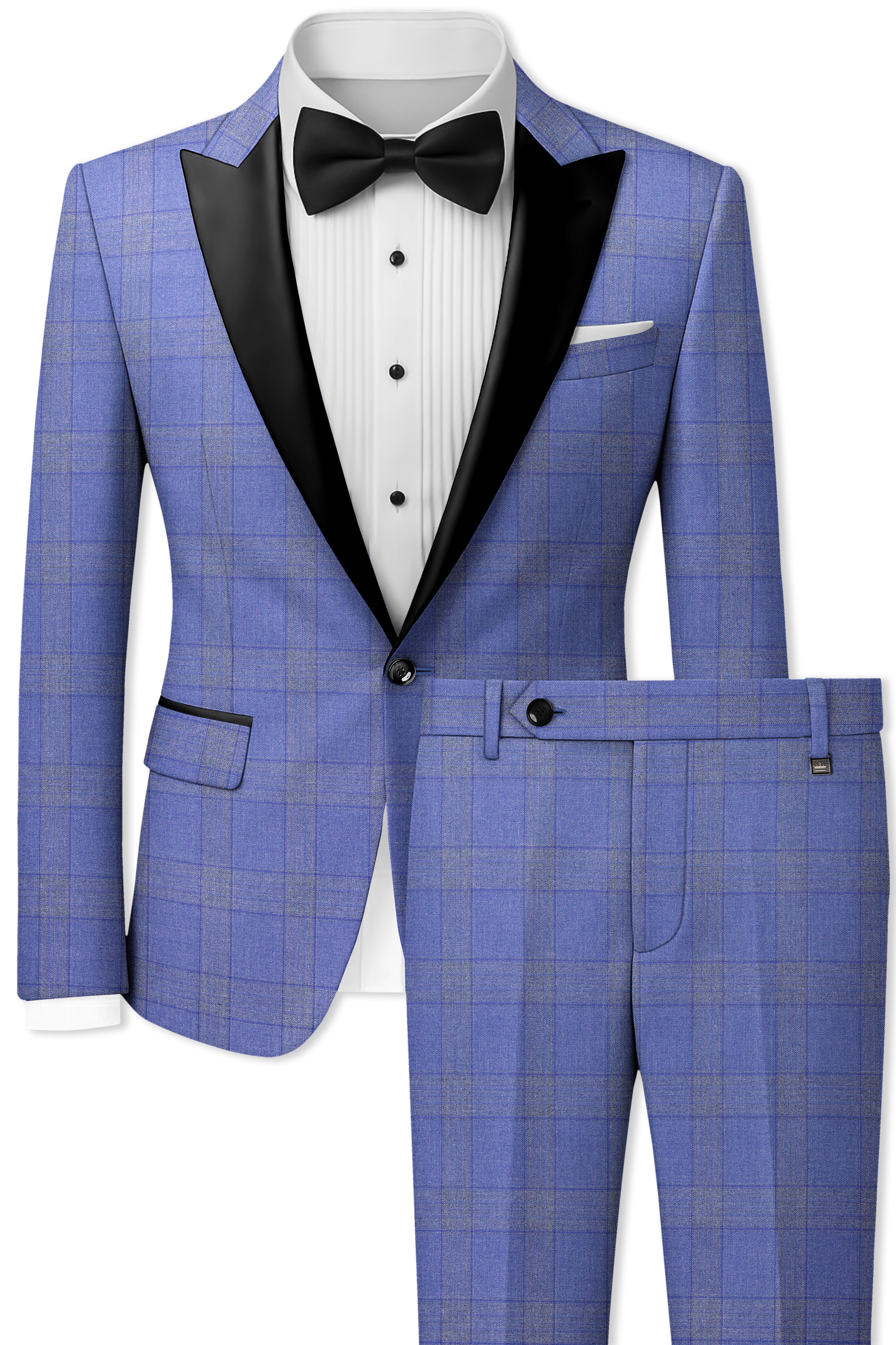 Cobalt-Scampi Blue Plaid Wool Rich Peak Lapel Tuxedo Suit