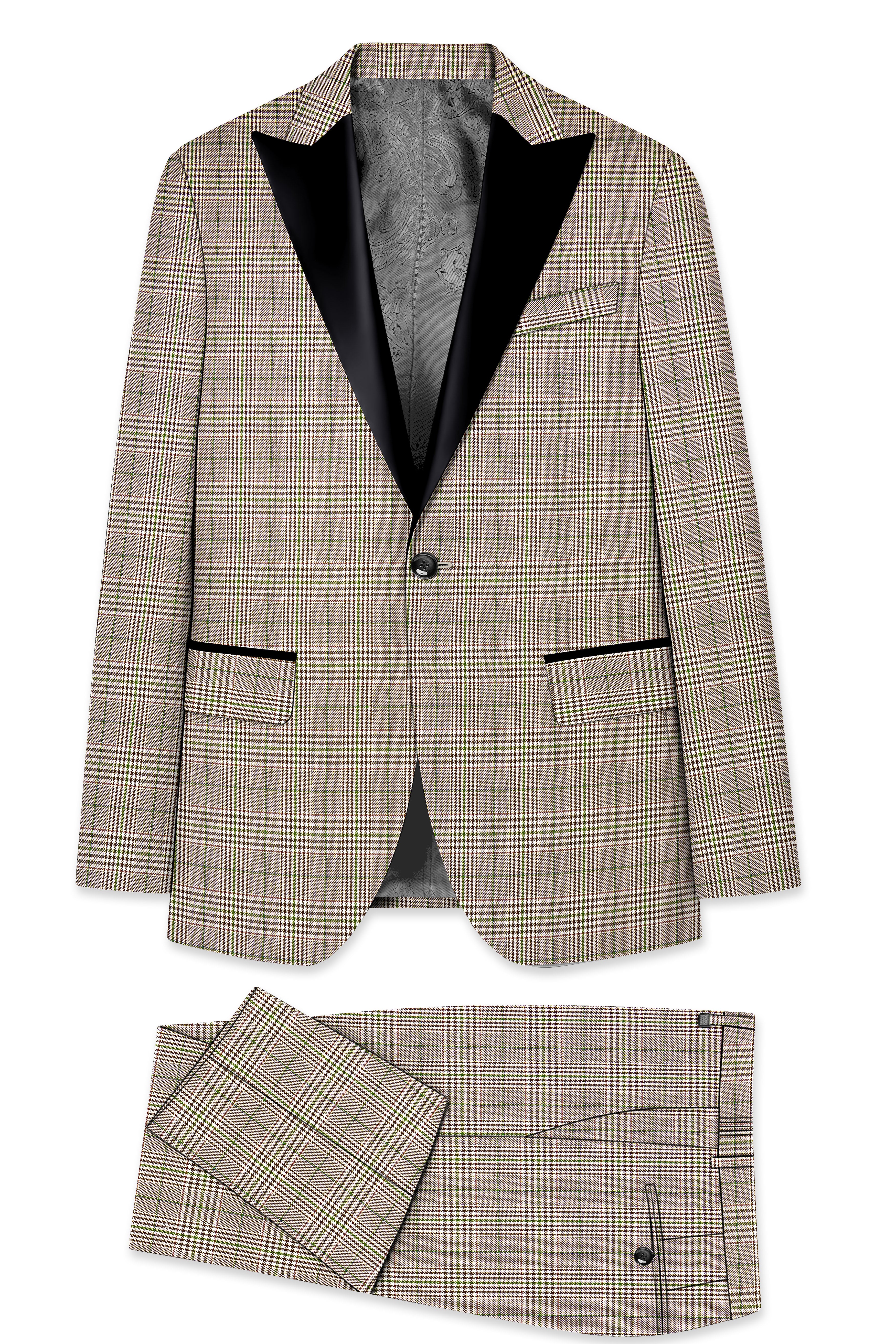 Nawab-Tundora Brown Plaid Wool Rich Peak Lapel Tuxedo Suit