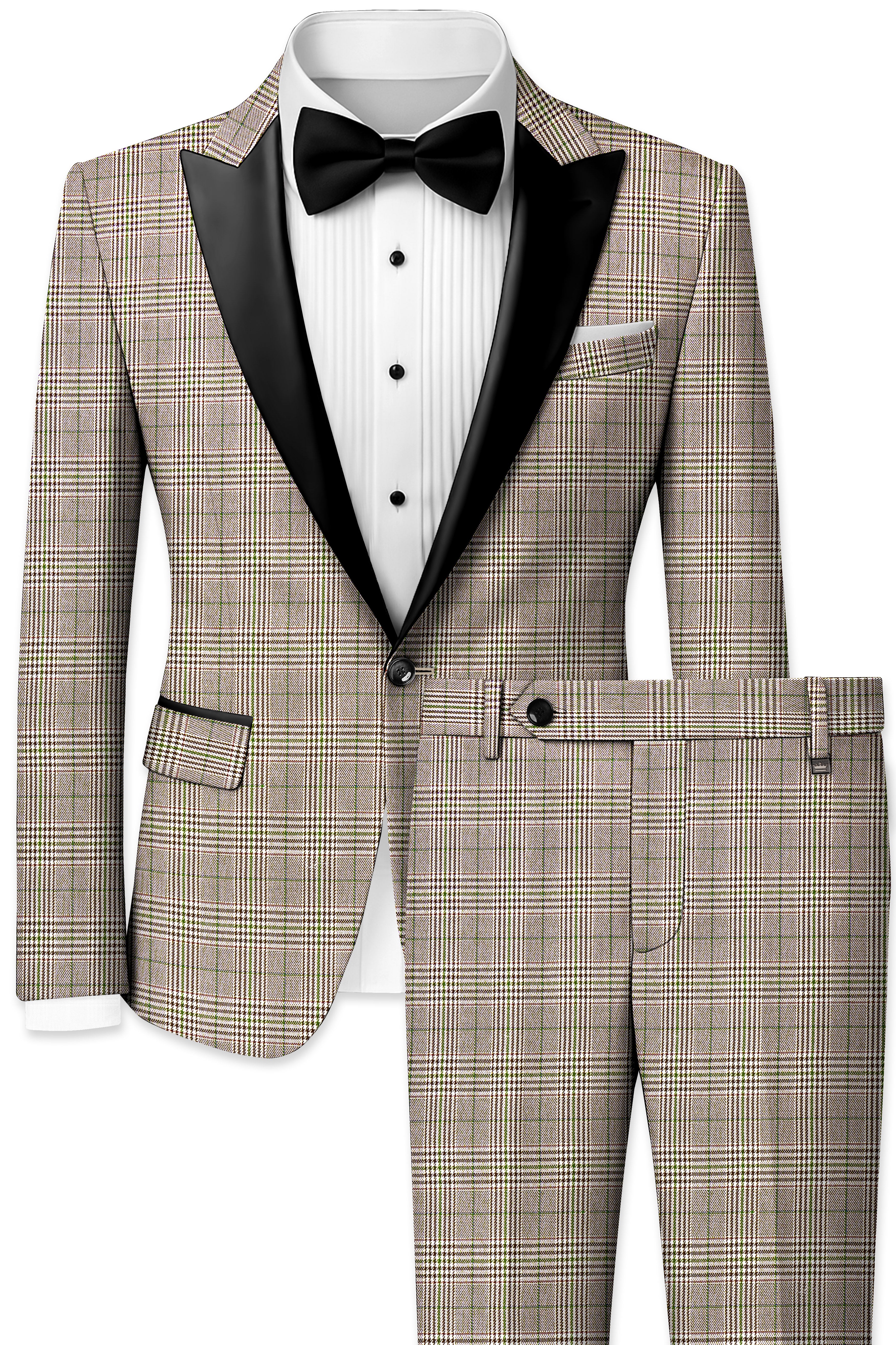 Nawab-Tundora Brown Plaid Wool Rich Peak Lapel Tuxedo Suit