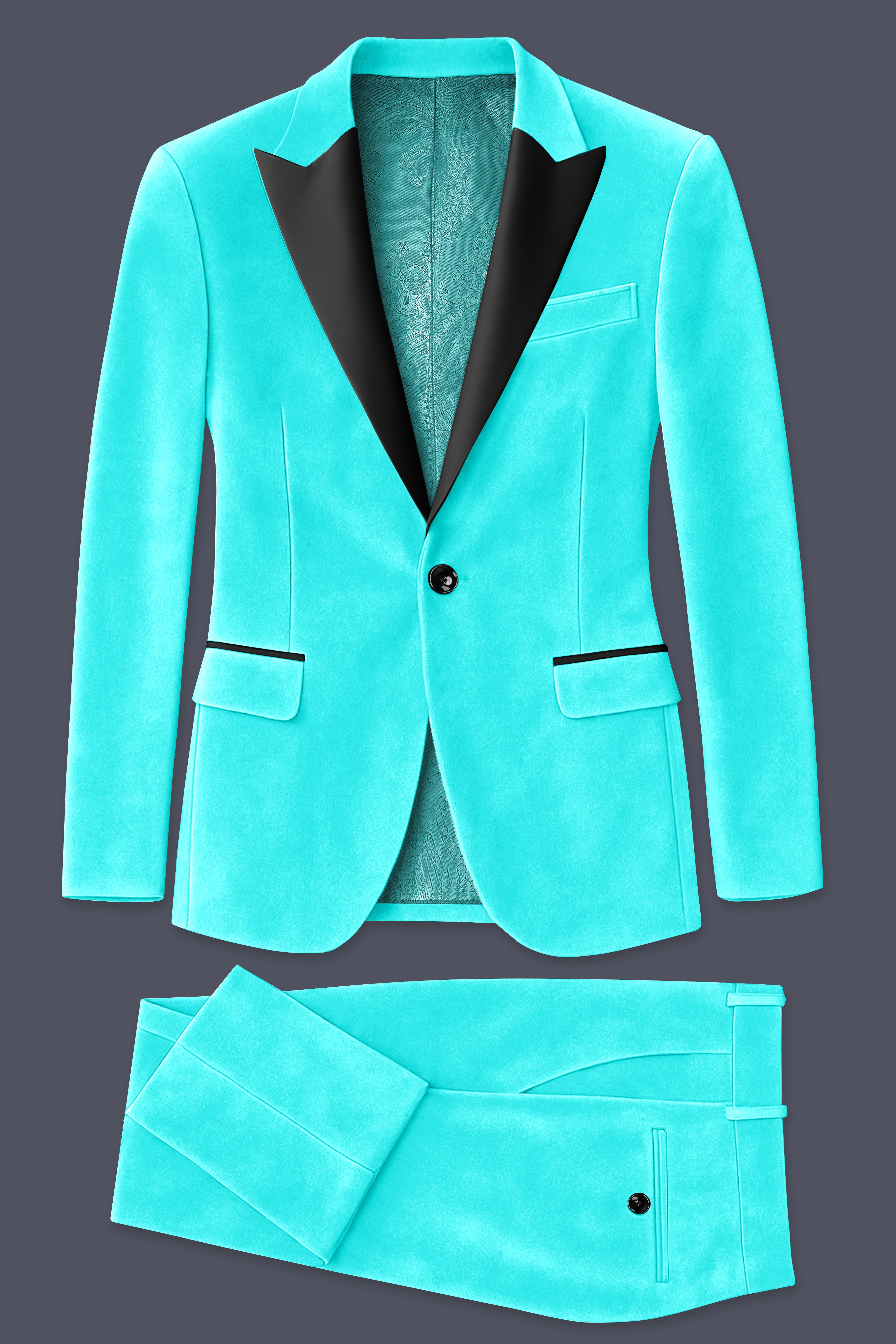 Sovereign-Turquoise Blue Velvet Peak Lapel Tuxedo Suit