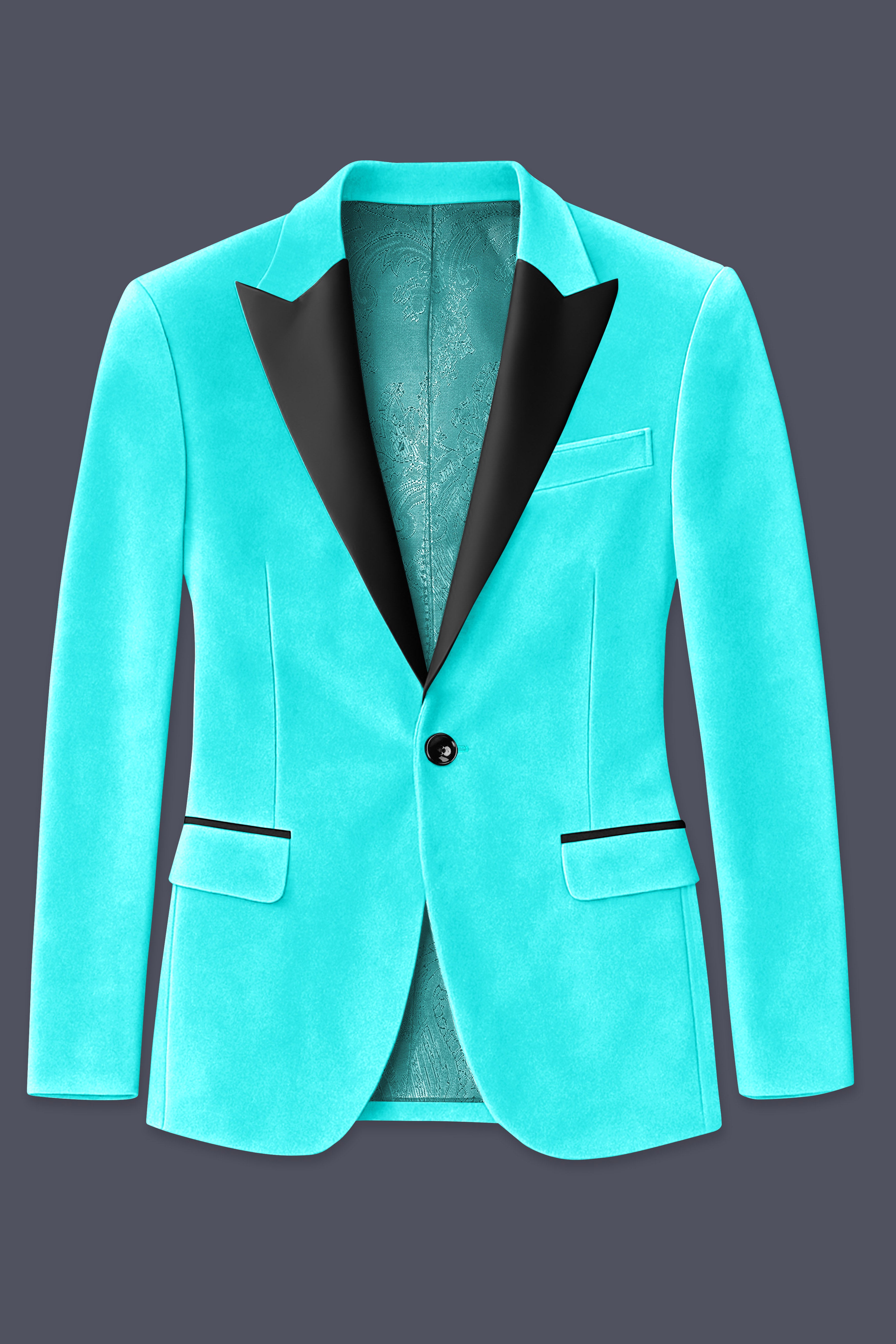 Sovereign-Turquoise Blue Velvet Peak Lapel Tuxedo Suit