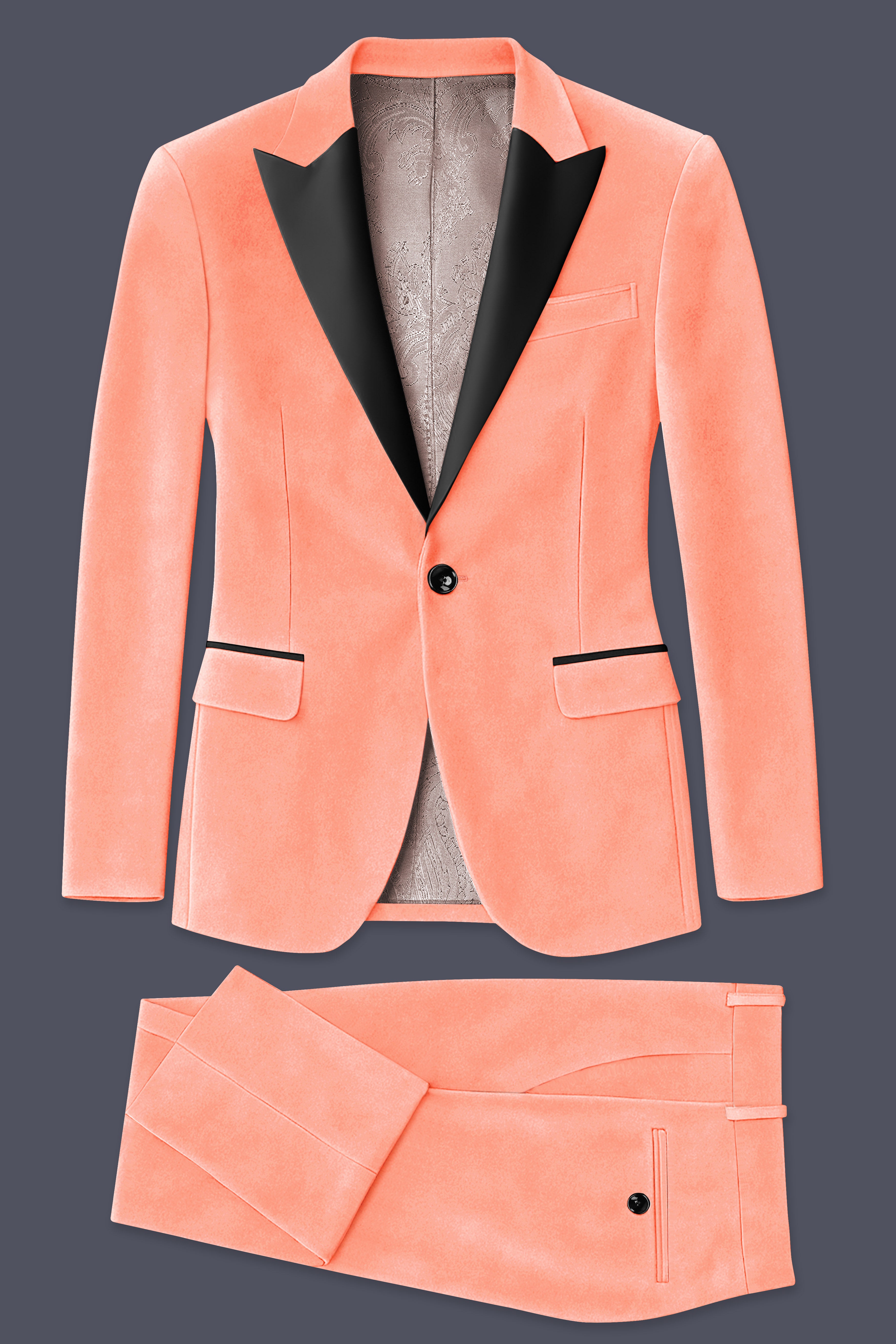 Zyron-Salmon Orange Velvet Peak Lapel Tuxedo Suit