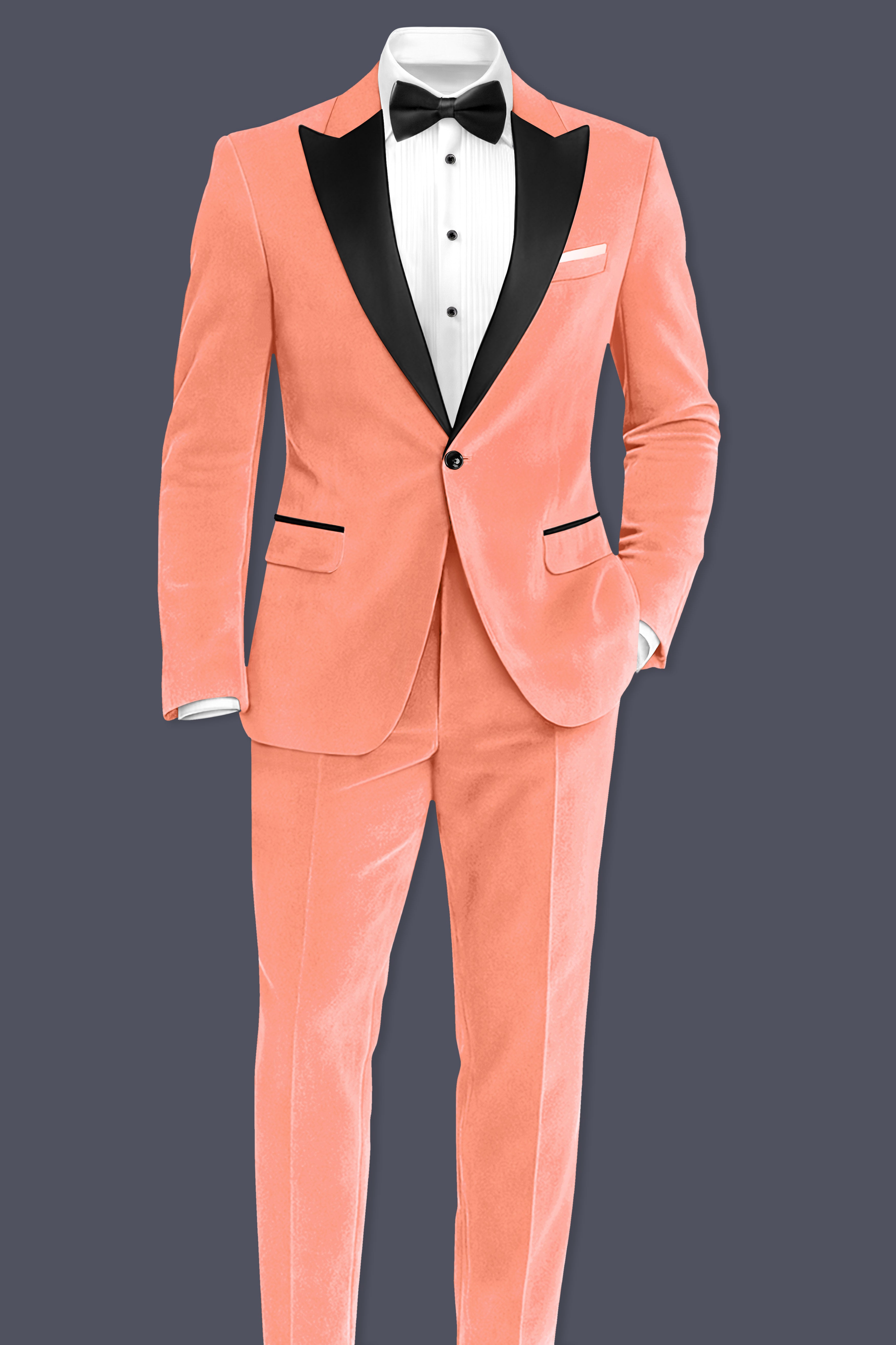 Zyron-Salmon Orange Velvet Peak Lapel Tuxedo Suit