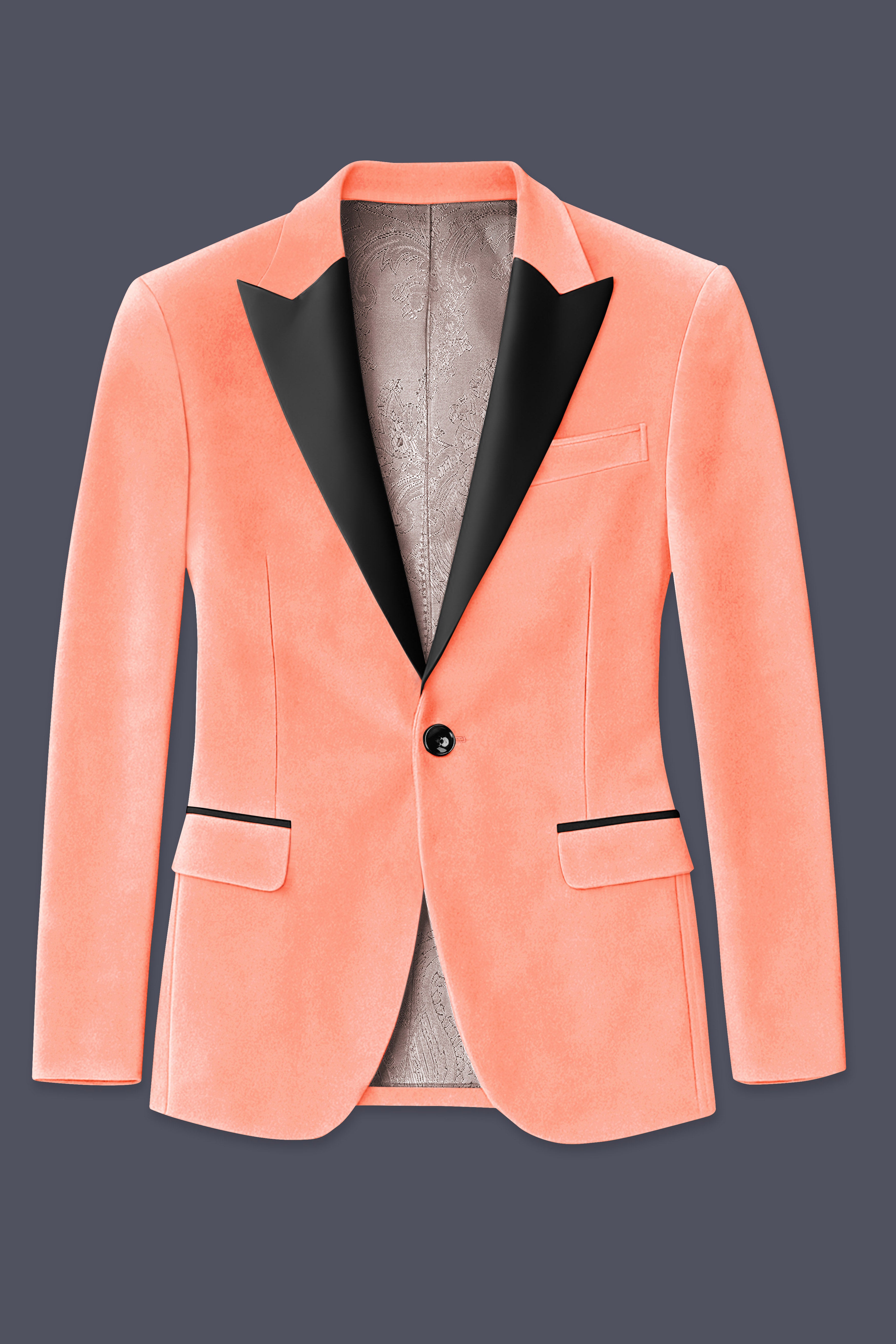 Zyron-Salmon Orange Velvet Peak Lapel Tuxedo Suit
