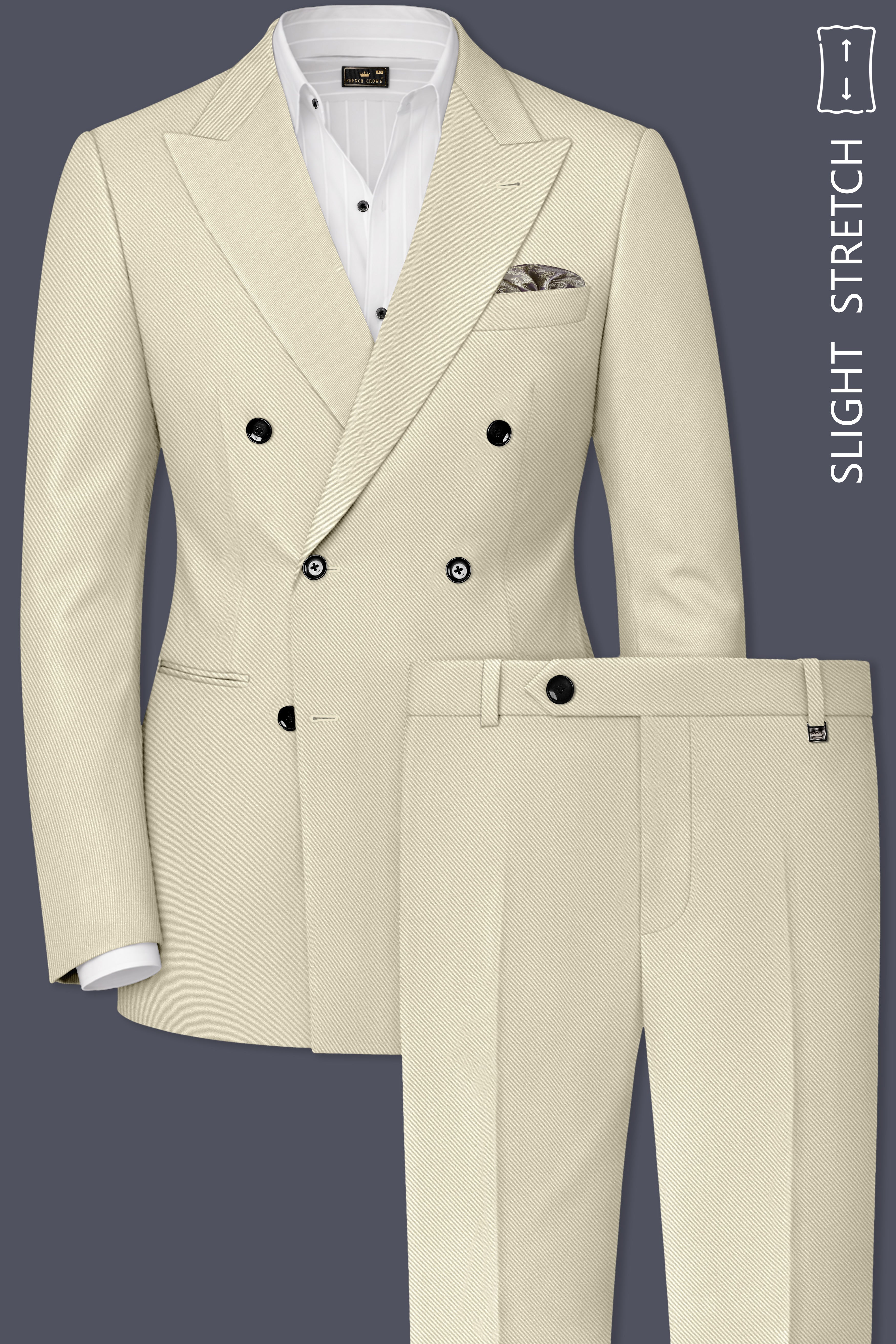 Ivory-Sisal Cream Slight Stretch Subtle Sheen Poly-Viscose Double Breasted Suit