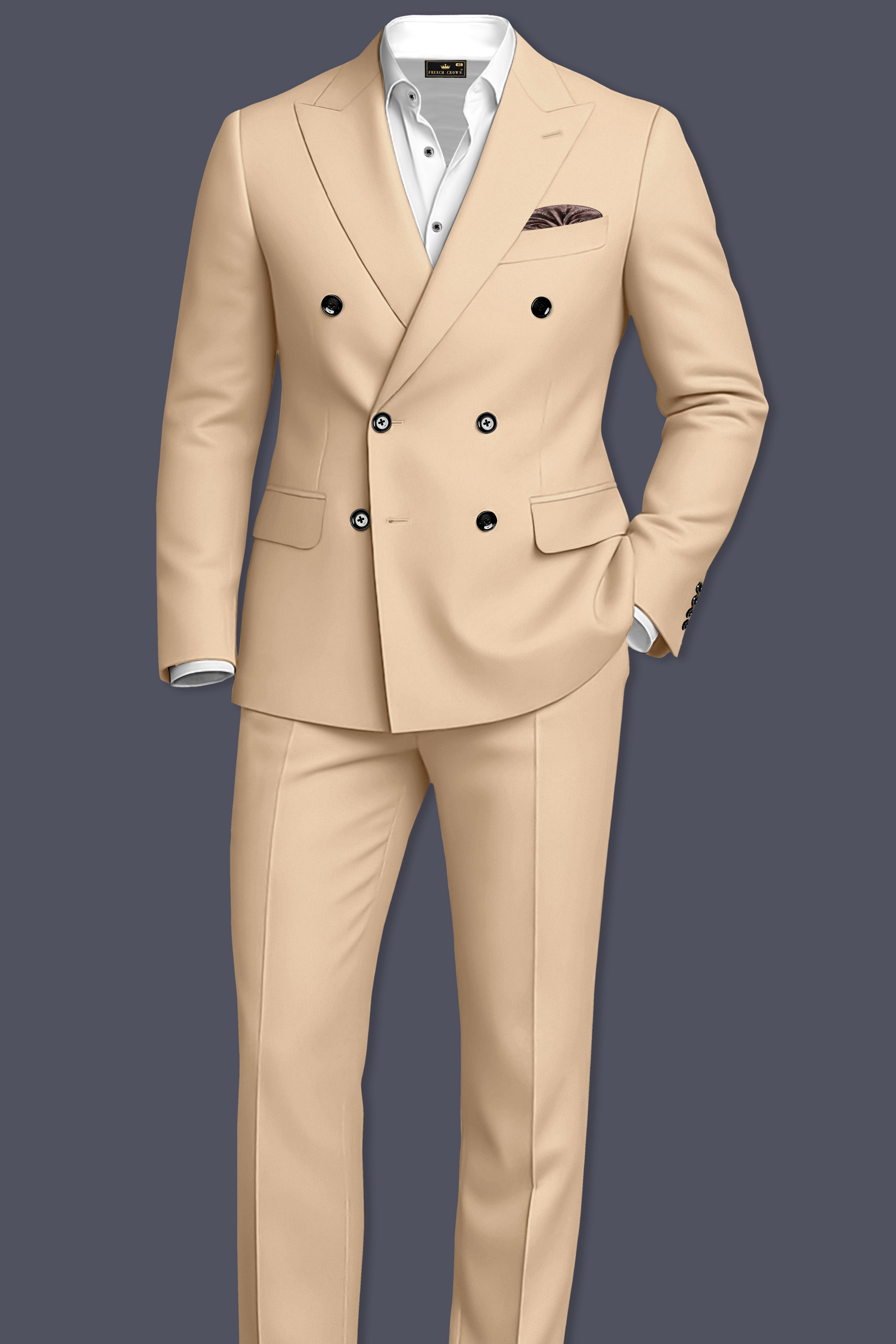 Ecru-Cashmere Cream Slight Stretch Subtle Sheen Poly-Viscose Double Breasted Suit ST5490-DB-36, ST5490-DB-38, ST5490-DB-40, ST5490-DB-42, ST5490-DB-44, ST5490-DB-46, ST5490-DB-48, ST5490-DB-50, ST5490-DB-52, ST5490-DB-54, ST5490-DB-56, ST5490-DB-58, ST5490-DB-60
