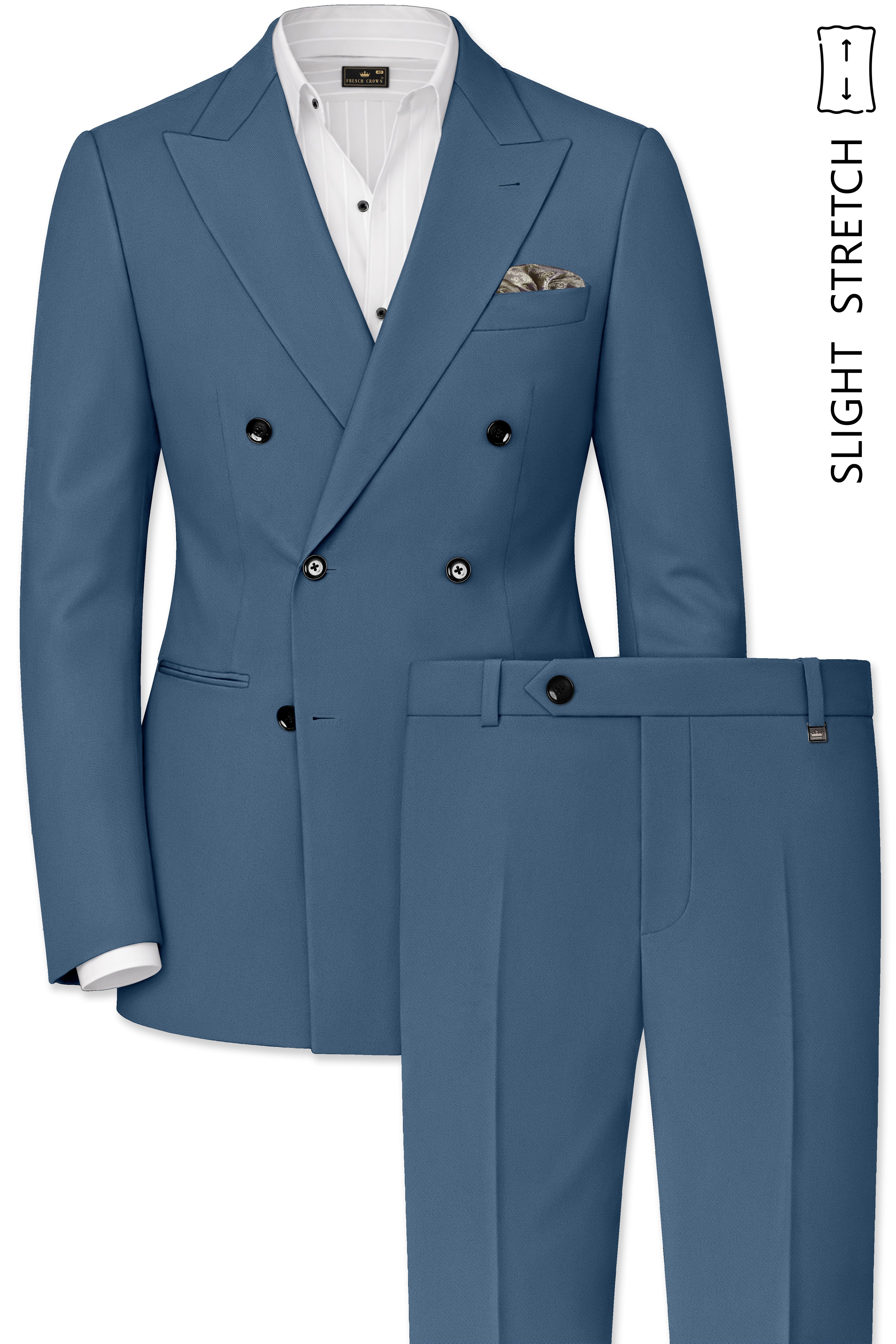 Azure-Nile Blue Solid Premium Poly-Viscose Double Breasted Blazer