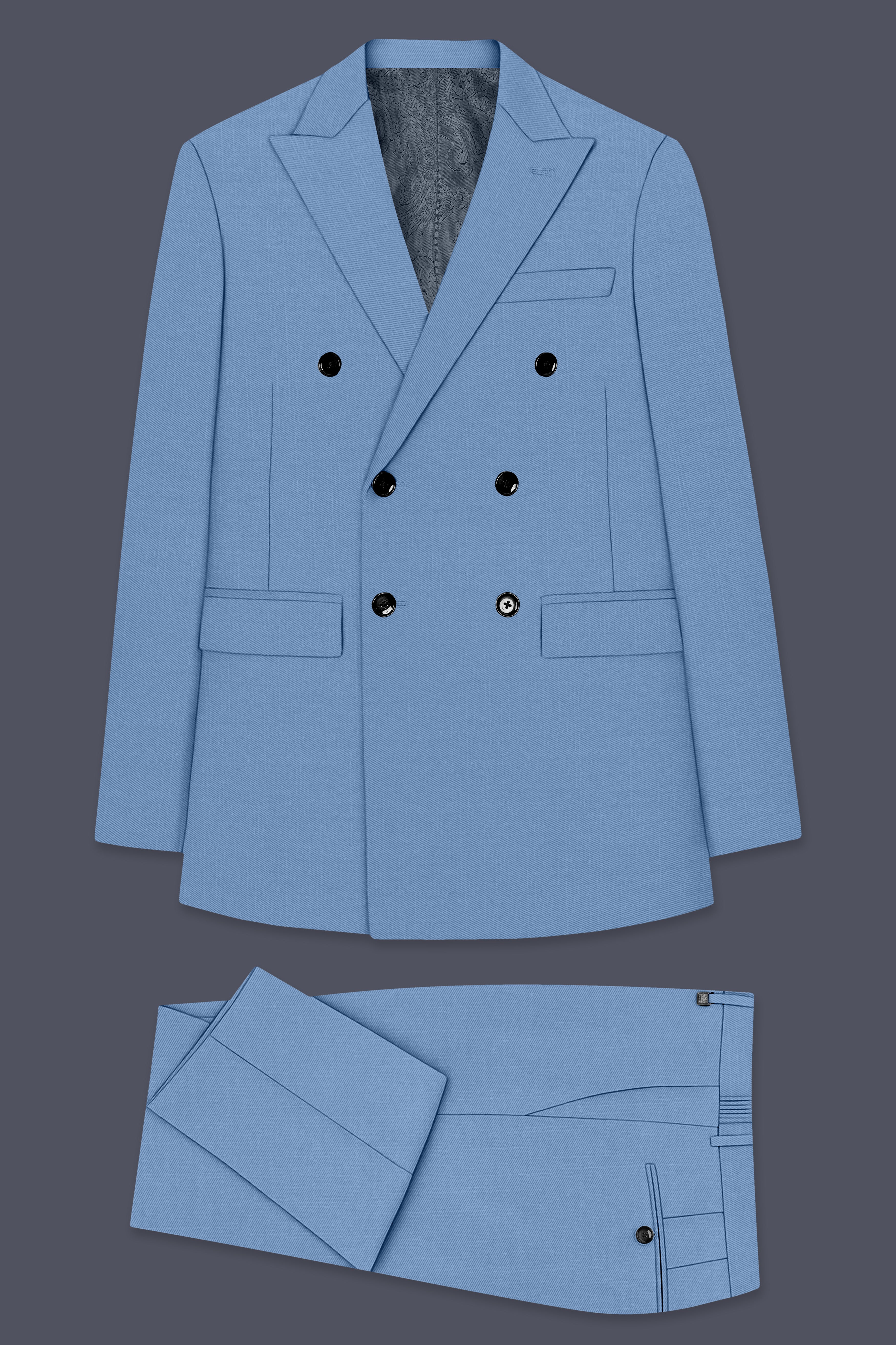 Azure-Glaucous Blue Wool Rich Slight Stretch Double Breasted Suit