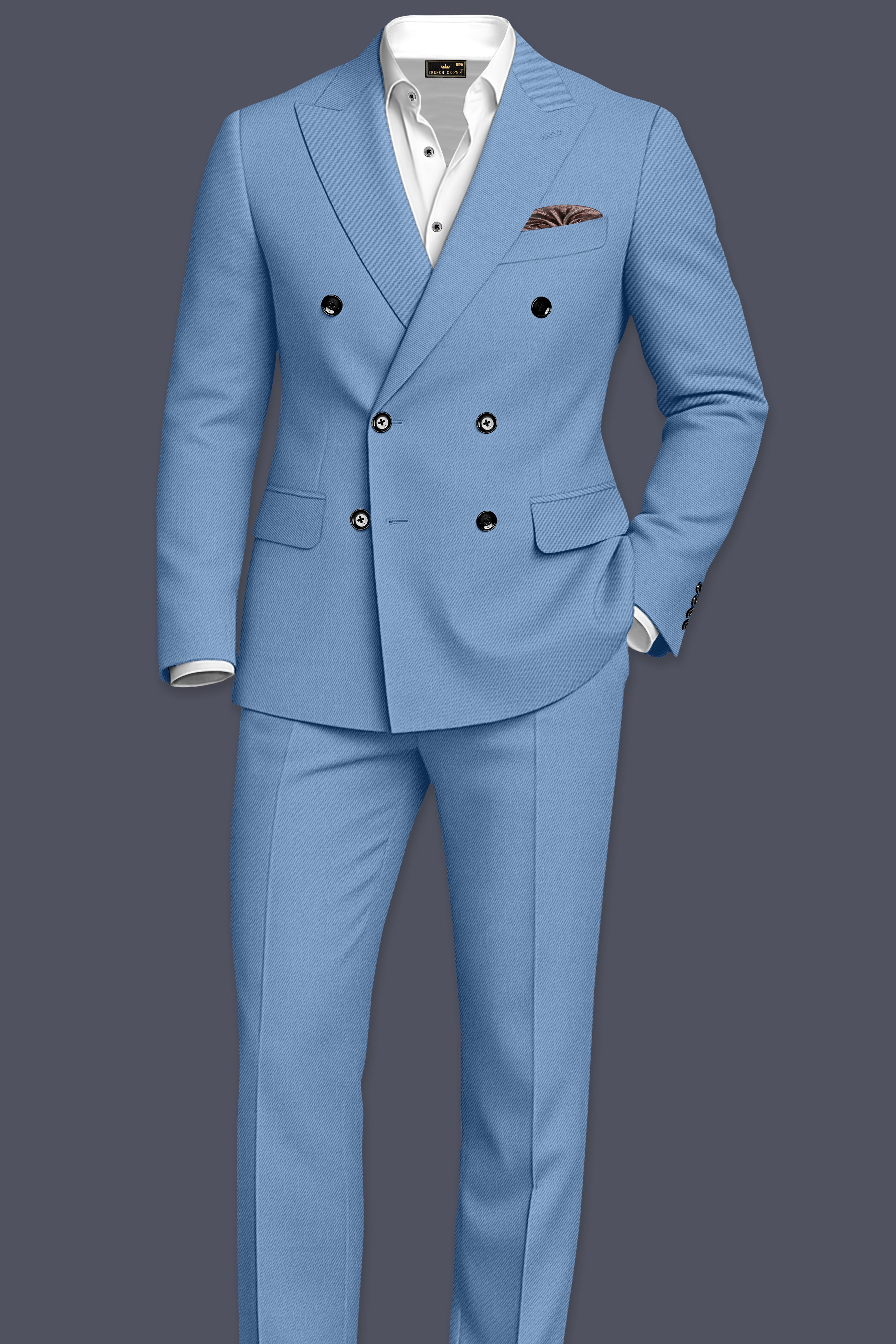 Azure-Glaucous Blue Wool Rich Slight Stretch Double Breasted Suit