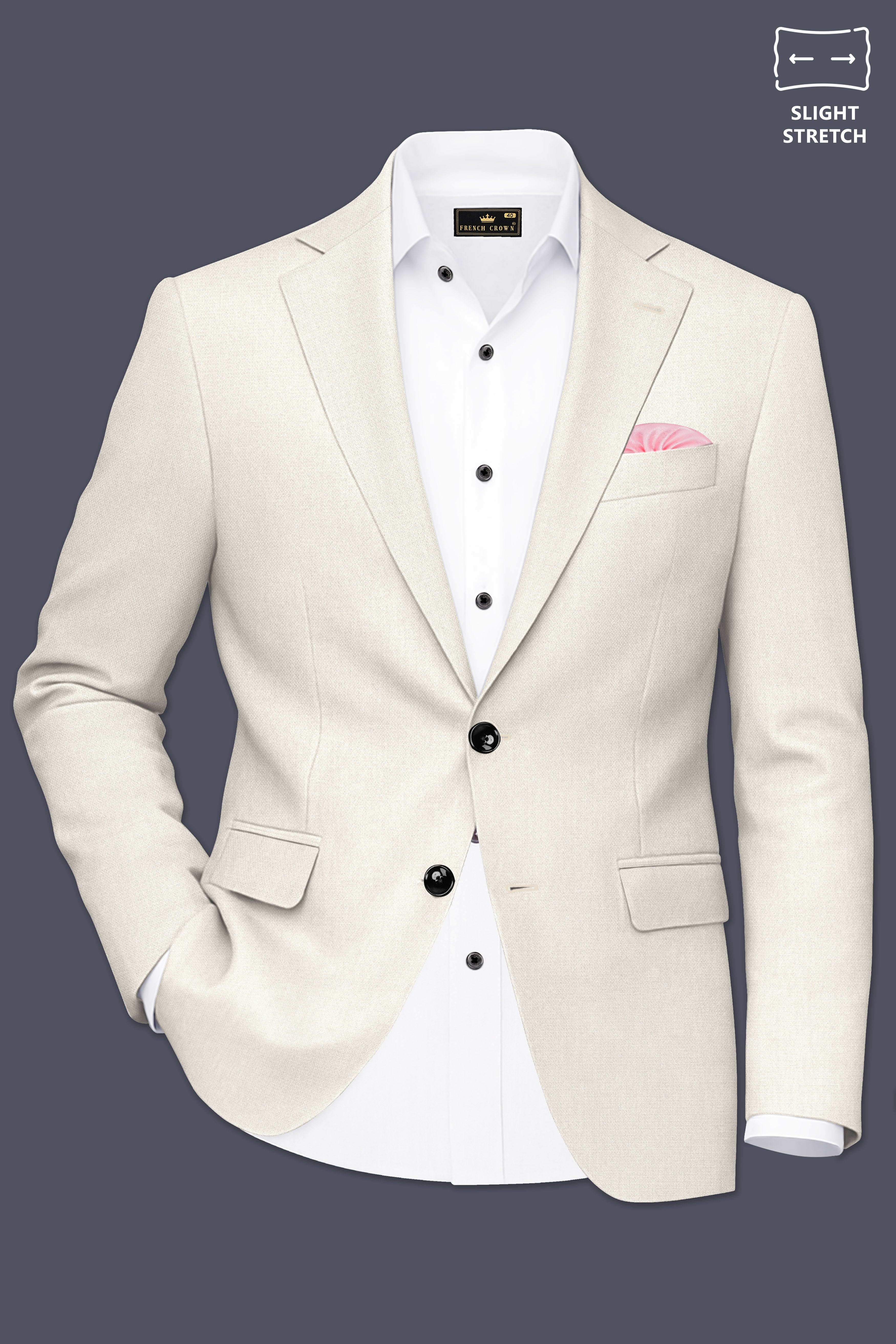 Ecru-Merino Off White Diamond Textured Wool Rich Slight Stretch Single Breasted Suit