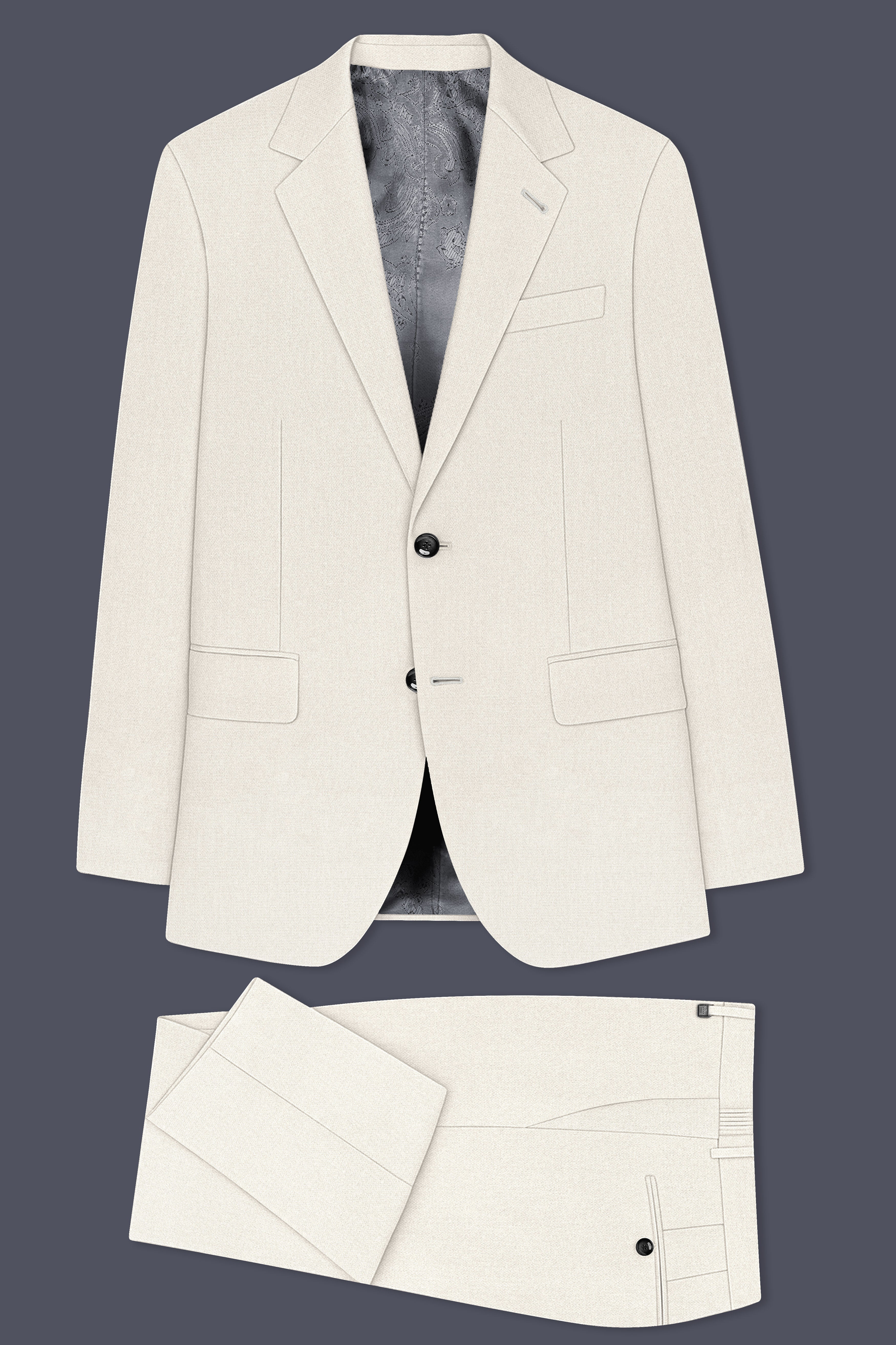 Ecru-Merino Off White Diamond Textured Wool Rich Slight Stretch Single Breasted Suit