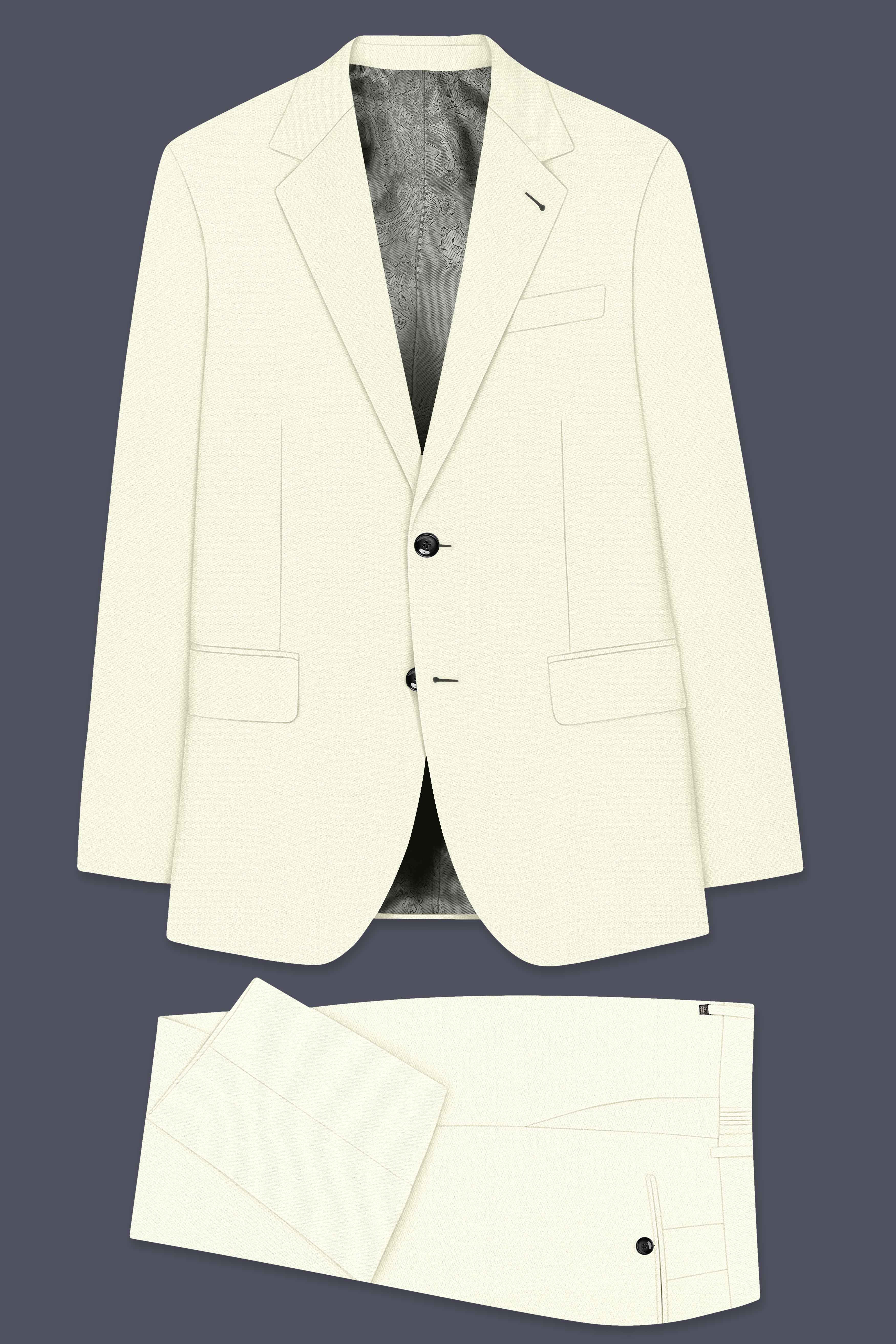 Ecru-Merino Off White Diamond Textured Wool Rich Slight Stretch Single Breasted Suit