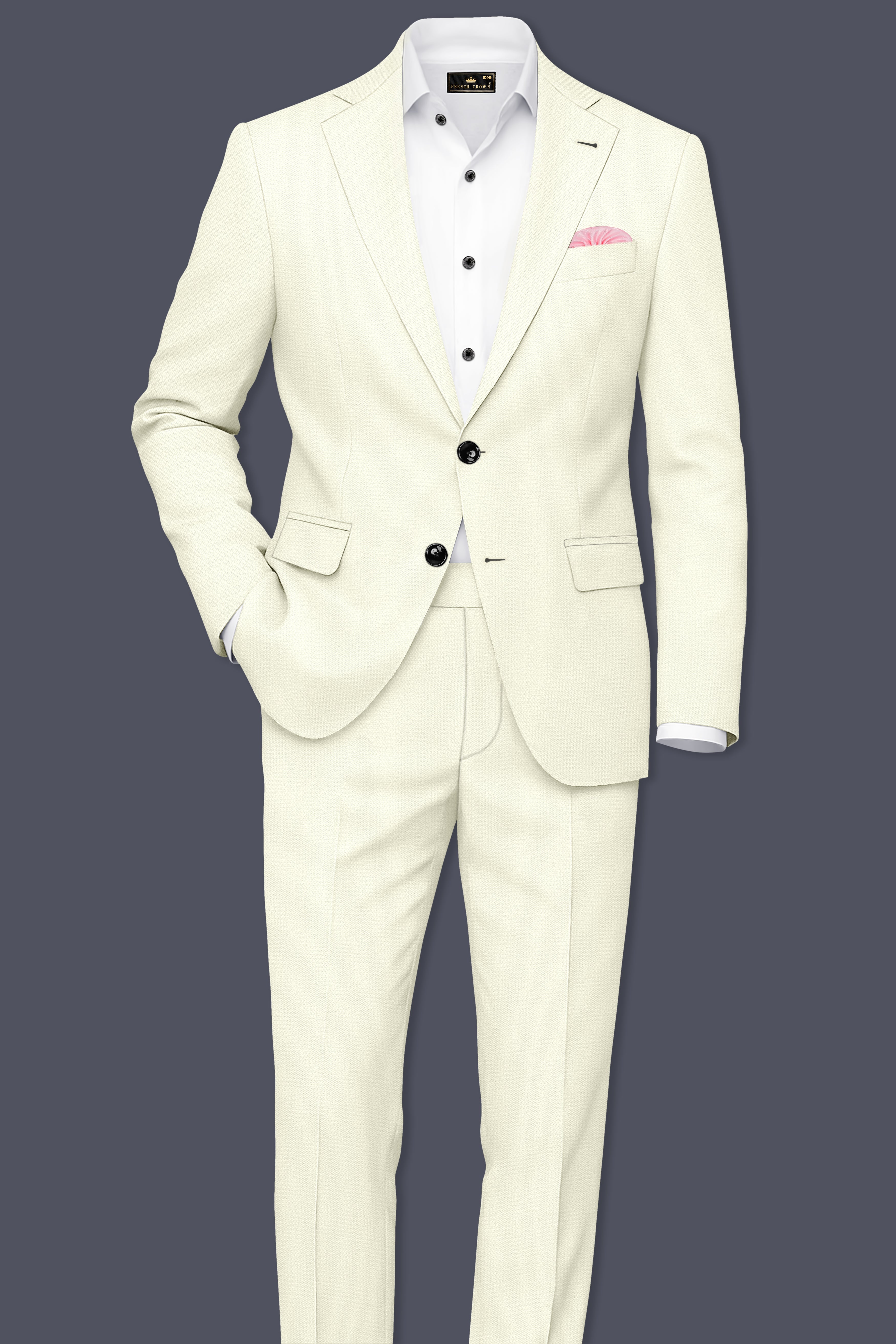Ecru-Merino Off White Diamond Textured Wool Rich Slight Stretch Single Breasted Suit