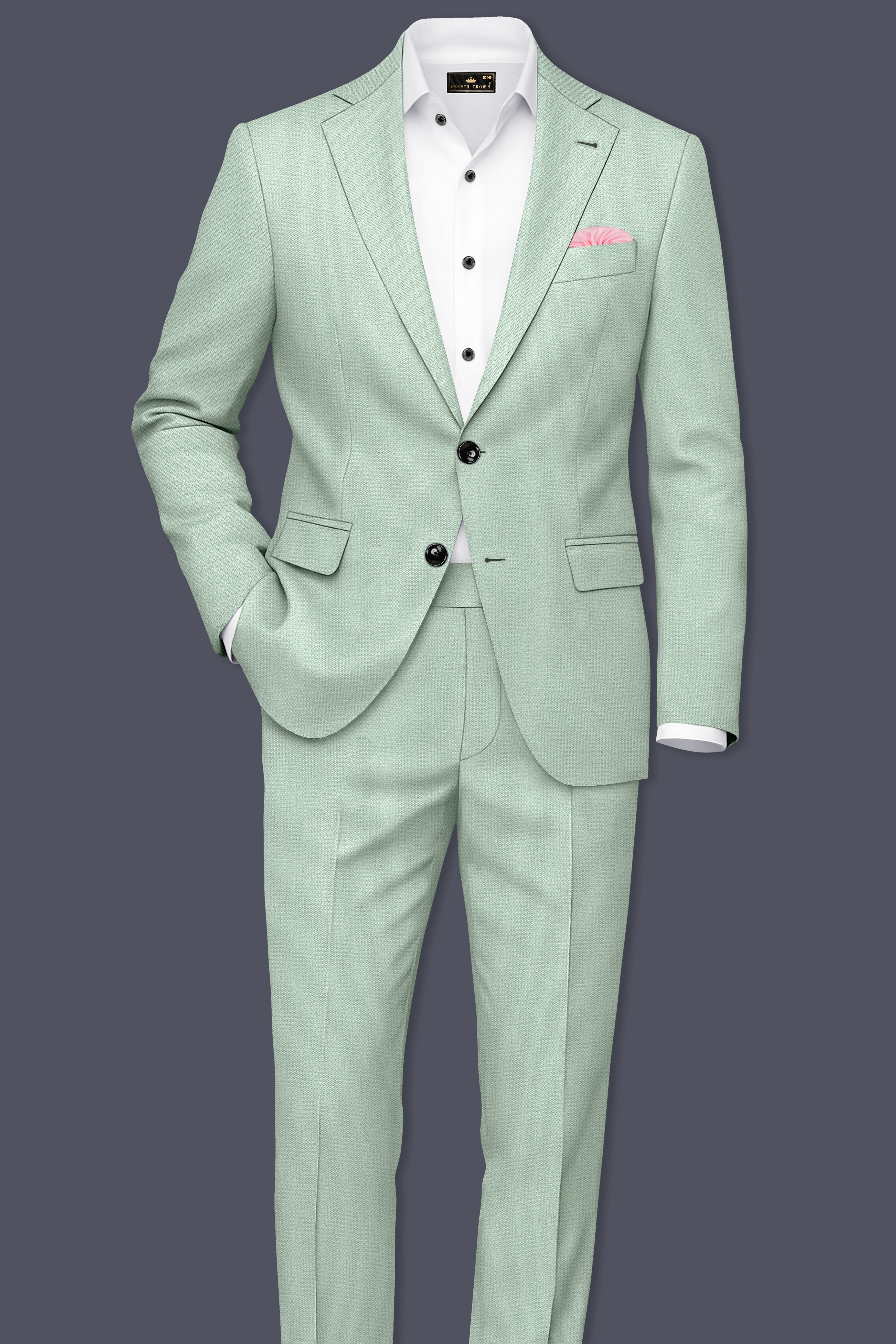 Sylvan-Cascade Green Diamond Textured Wool Rich Slight Stretch Single Breasted Suit