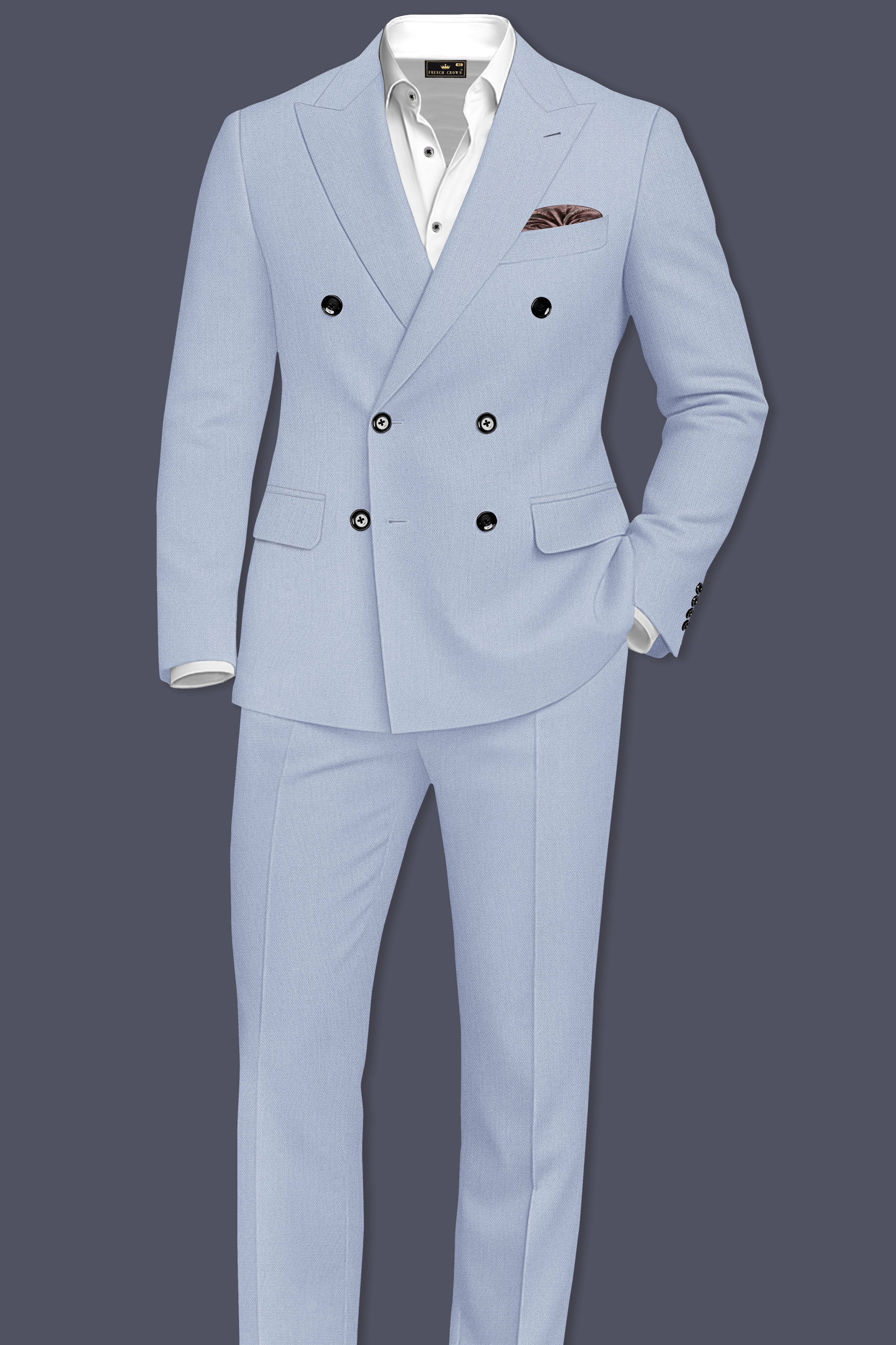 Azure-Heather Blue Diamond Textured Wool Rich Slight Stretch Double Breasted Suit