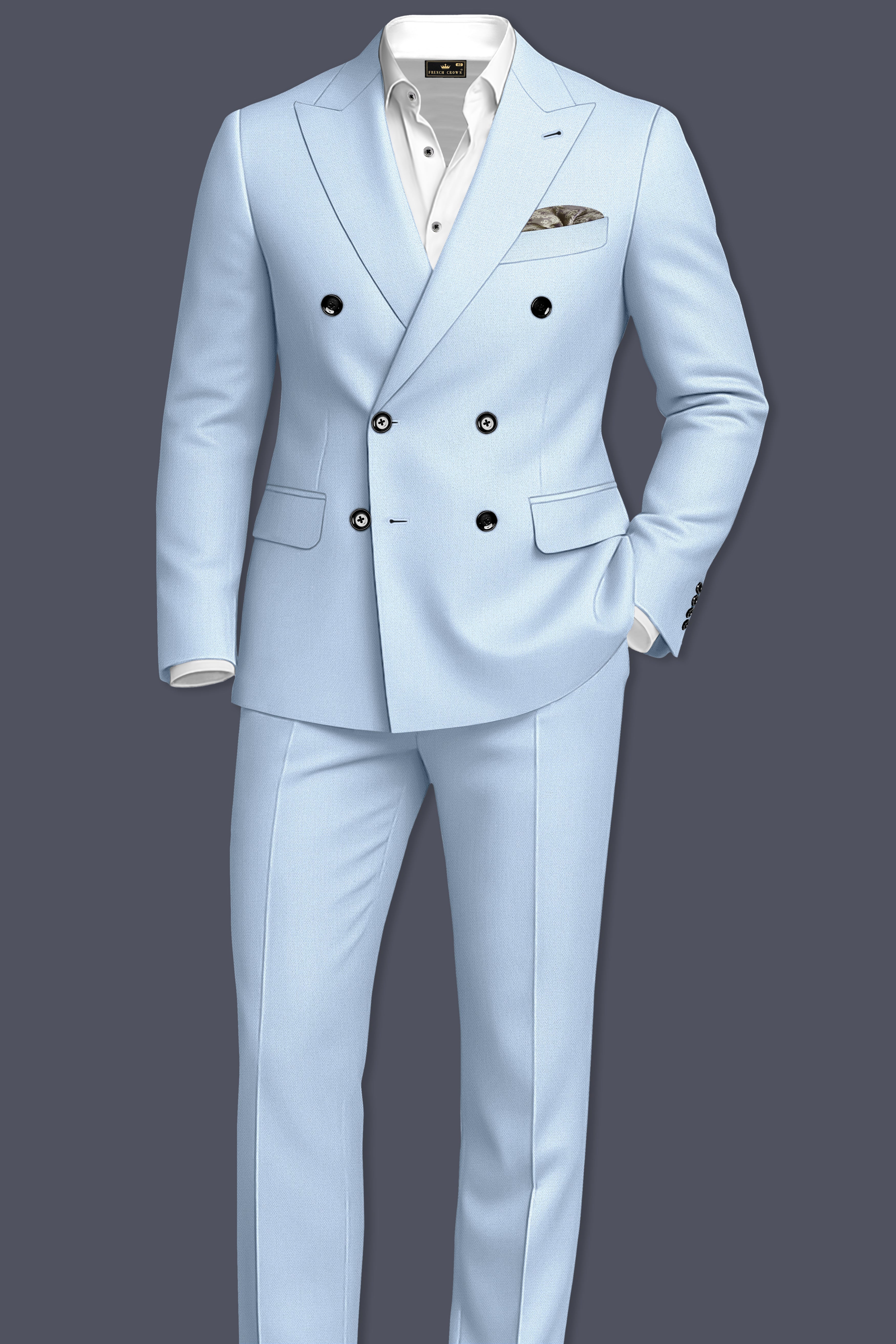 Azure-Heather Blue Diamond Textured Wool Rich Slight Stretch Double Breasted Suit