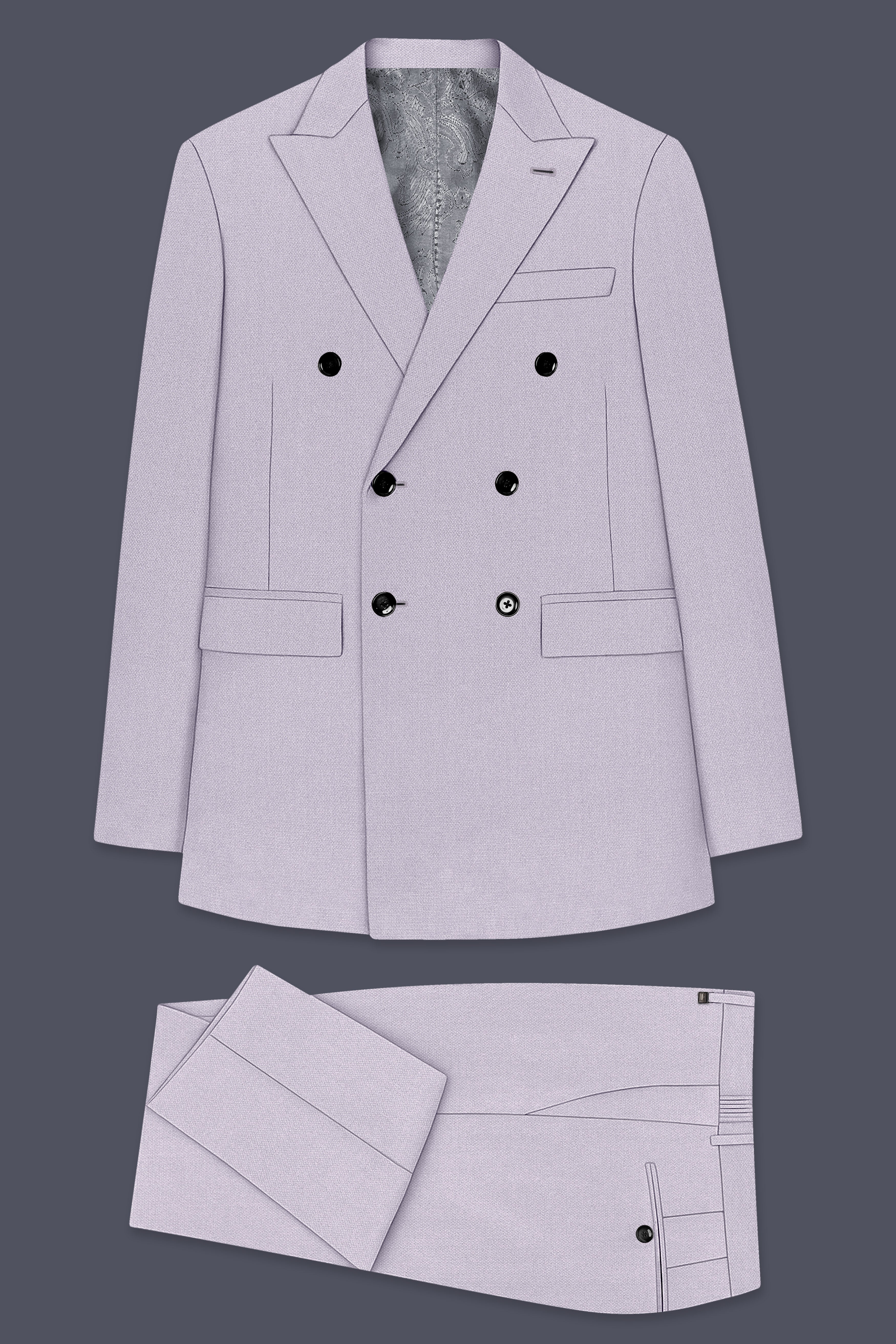 Mist-Spun Pearl Gray Diamond Textured Wool Rich Slight Stretch Double Breasted Suit