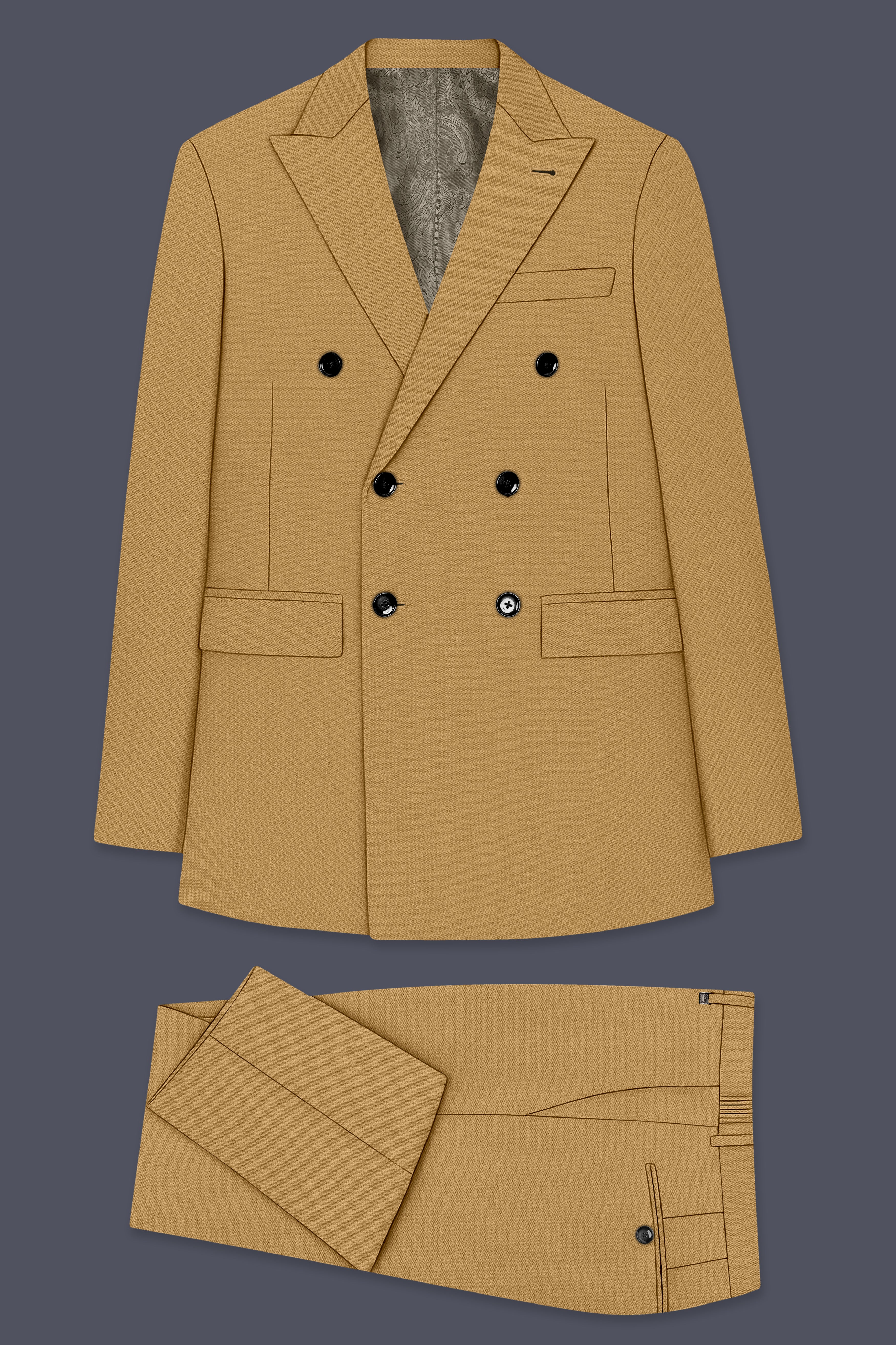 Sienna-Teak Brown Diamond Textured Wool Rich Slight Stretch Double Breasted Suit