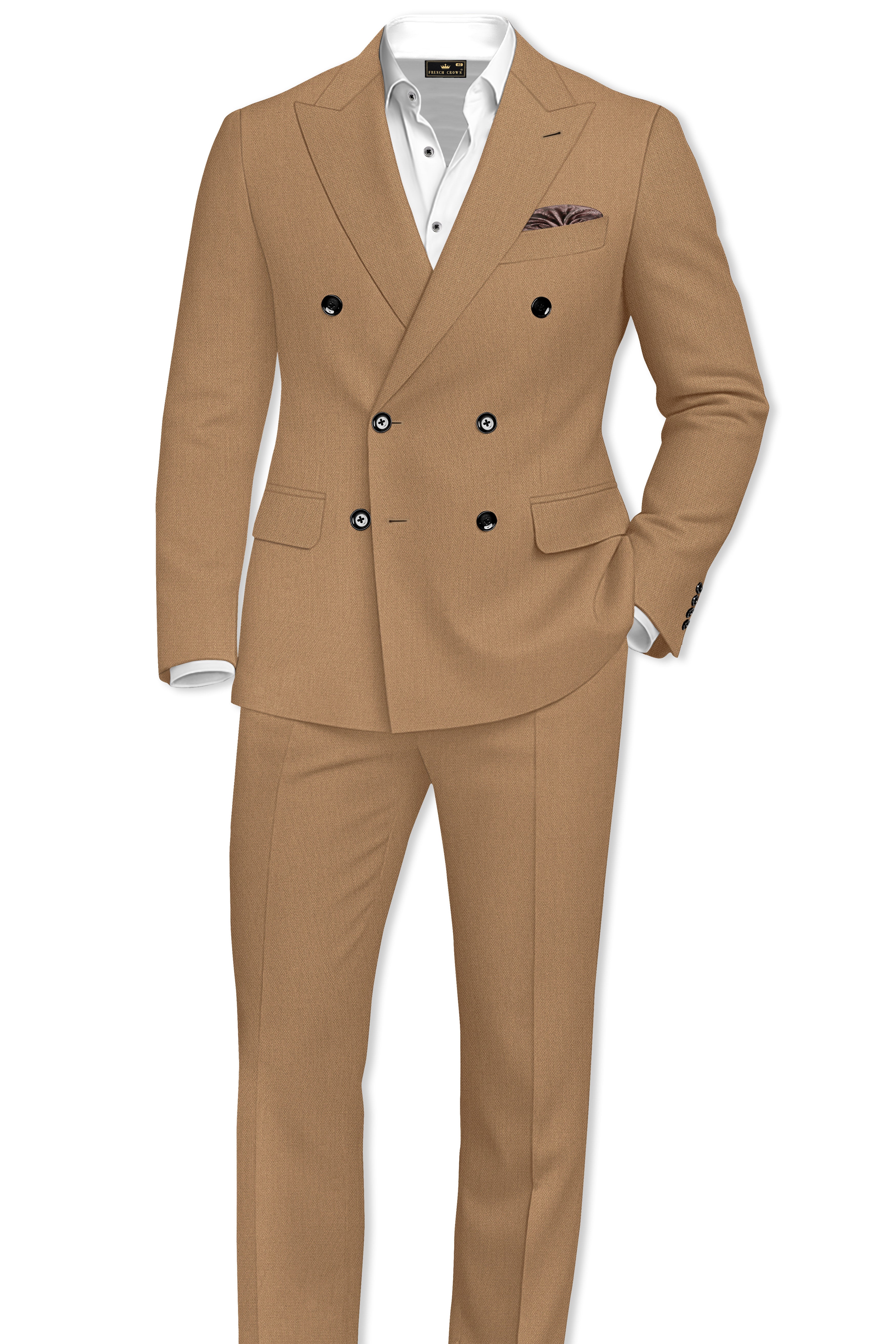 Sienna-Teak Brown Diamond Textured Wool Rich Slight Stretch Double Breasted Suit