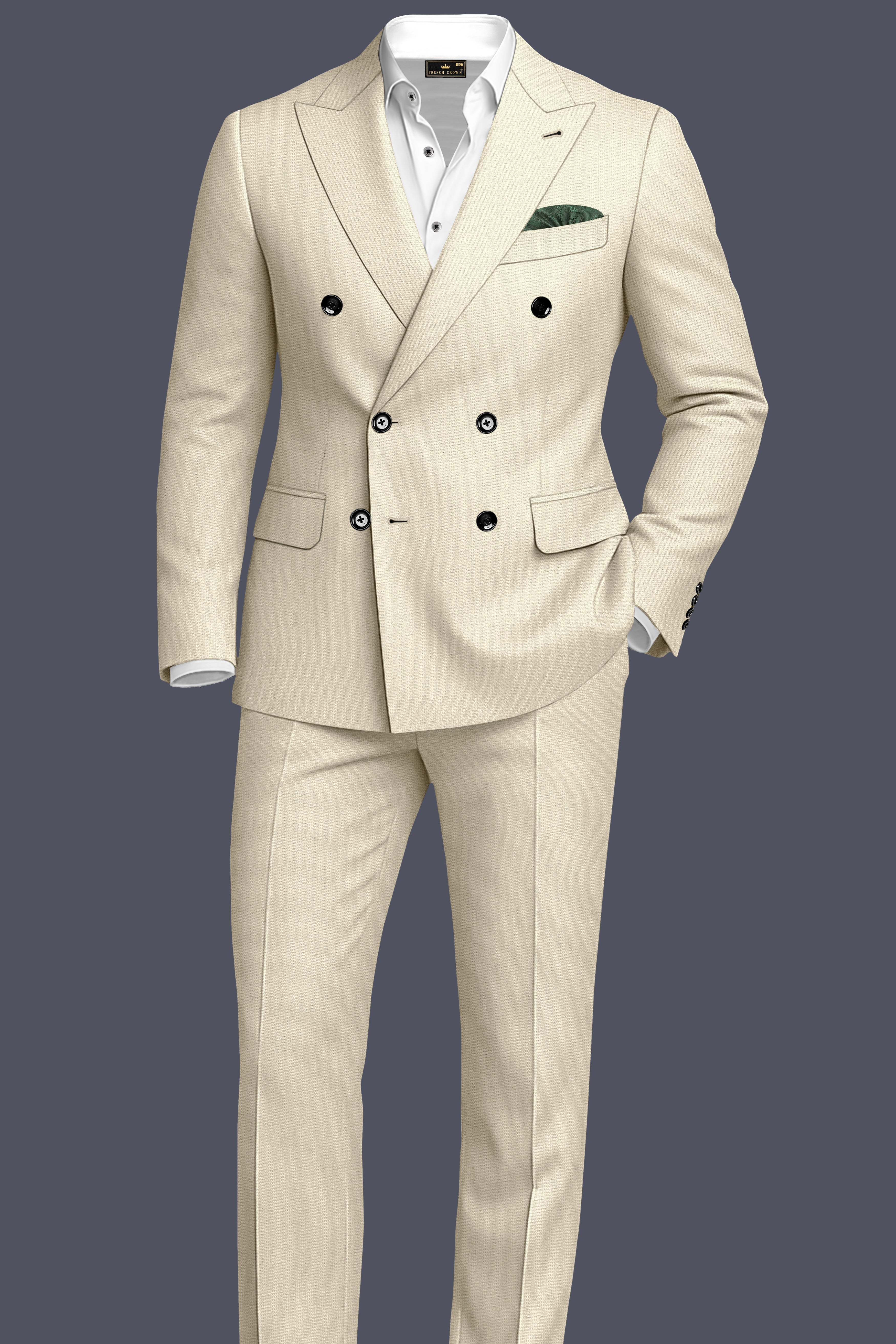 Dune-Foggy Cream Diamond Textured Wool Rich Slight Stretch Double Breasted Suit