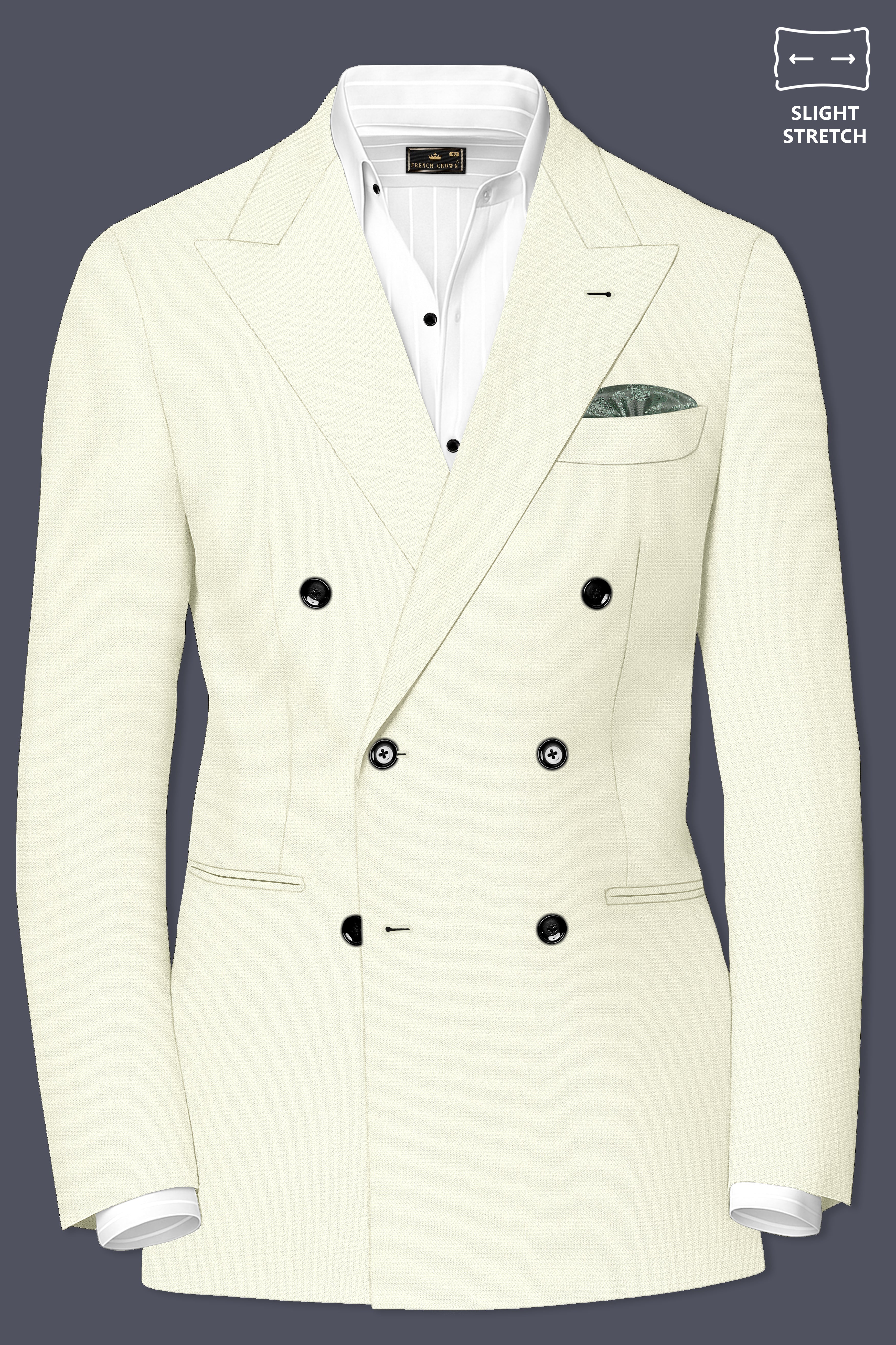 Ecru-Merino Off White Diamond Textured Wool Rich Slight Stretch Double Breasted Suit
