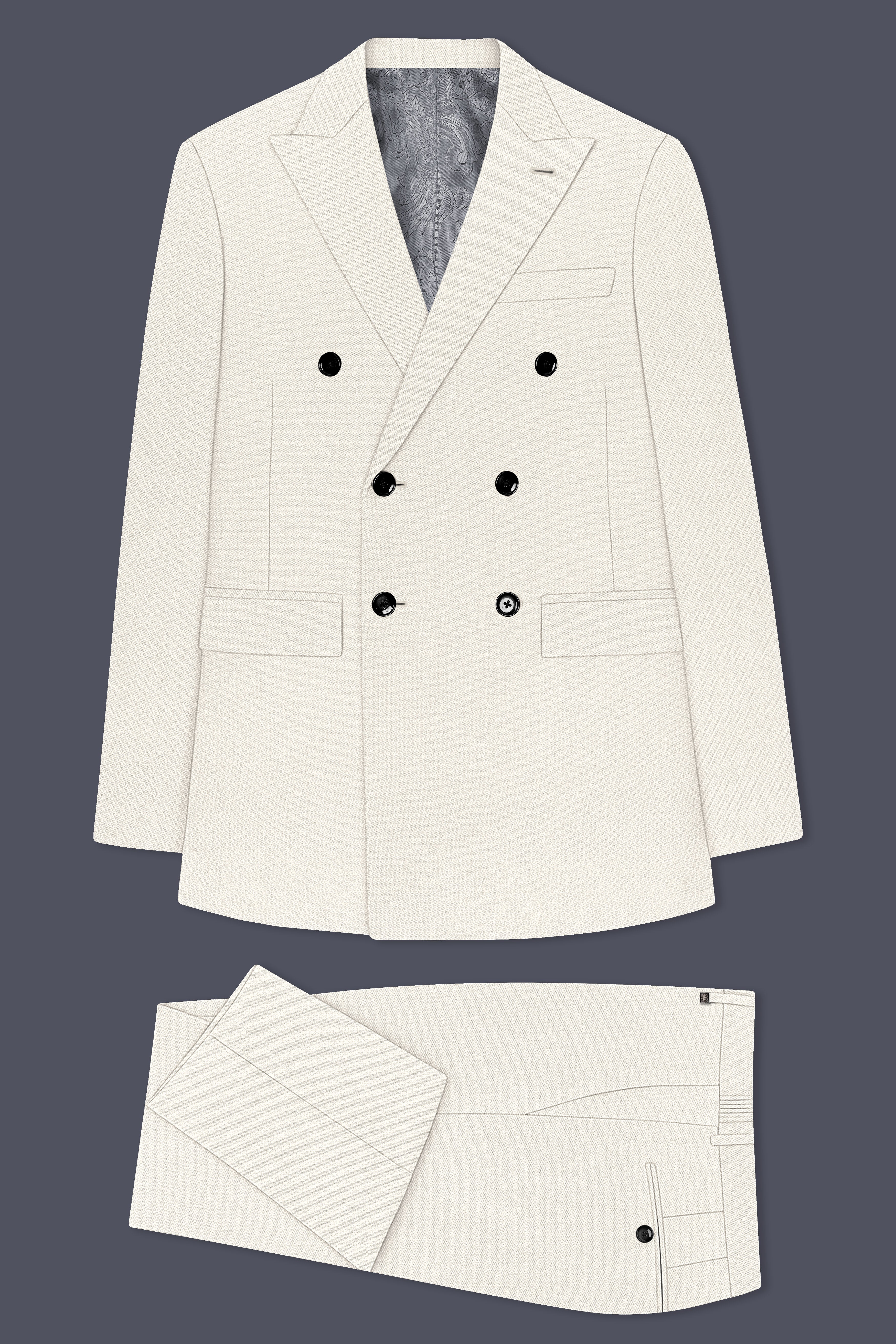Ecru-Merino Off White Diamond Textured Wool Rich Slight Stretch Double Breasted Suit