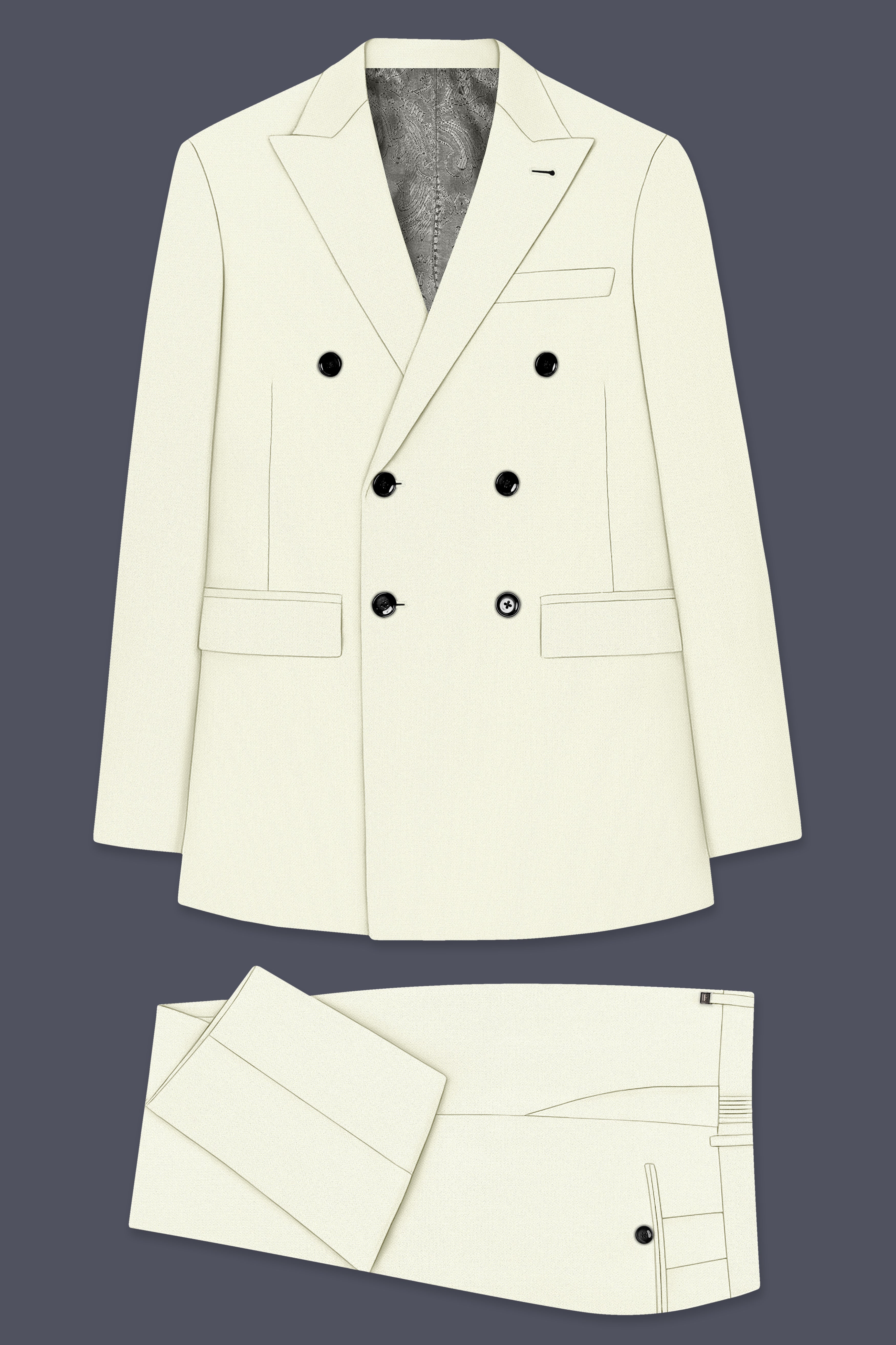 Ecru-Merino Off White Diamond Textured Wool Rich Slight Stretch Double Breasted Suit