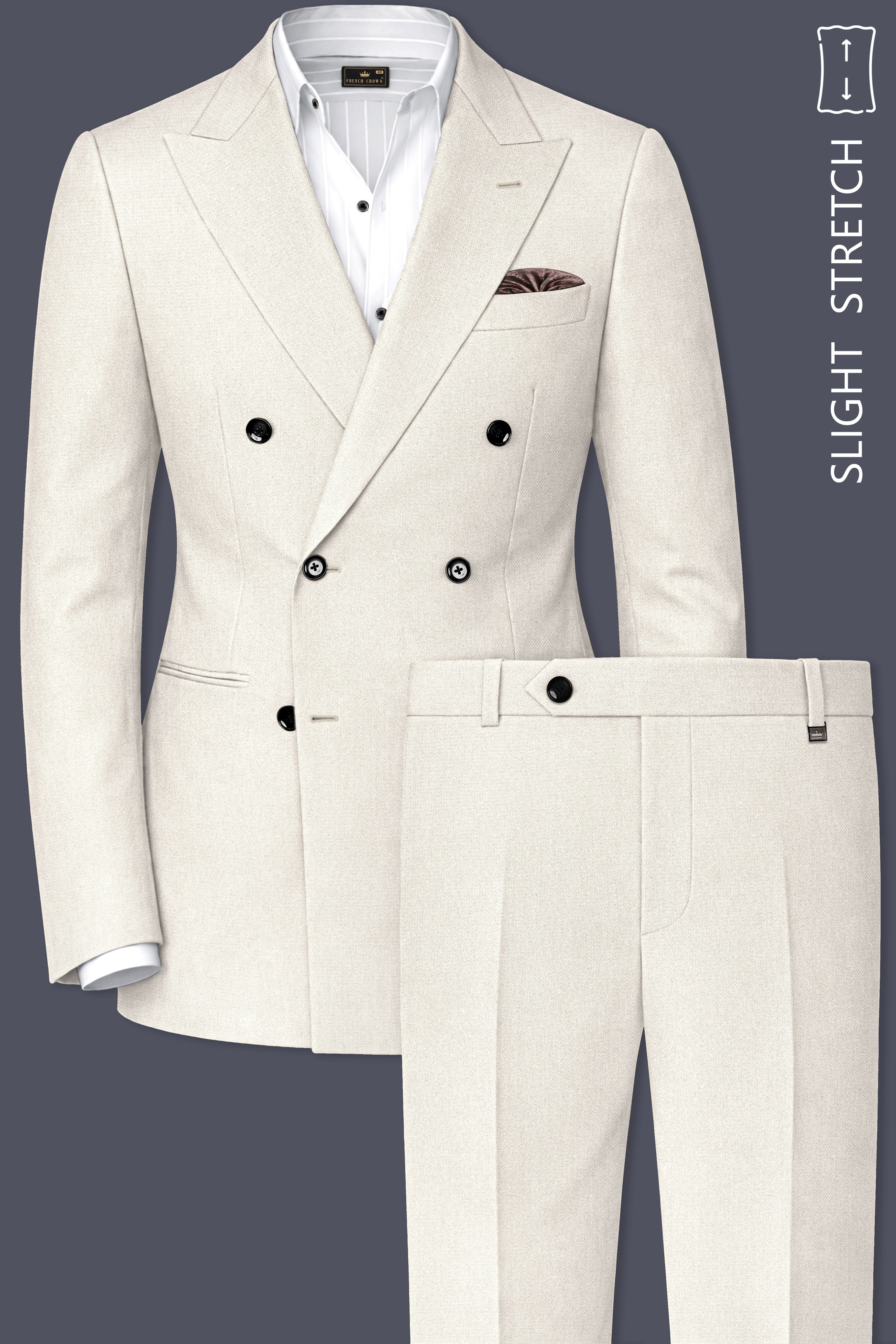 Ecru-Merino Off White Diamond Textured Wool Rich Slight Stretch Double Breasted Suit