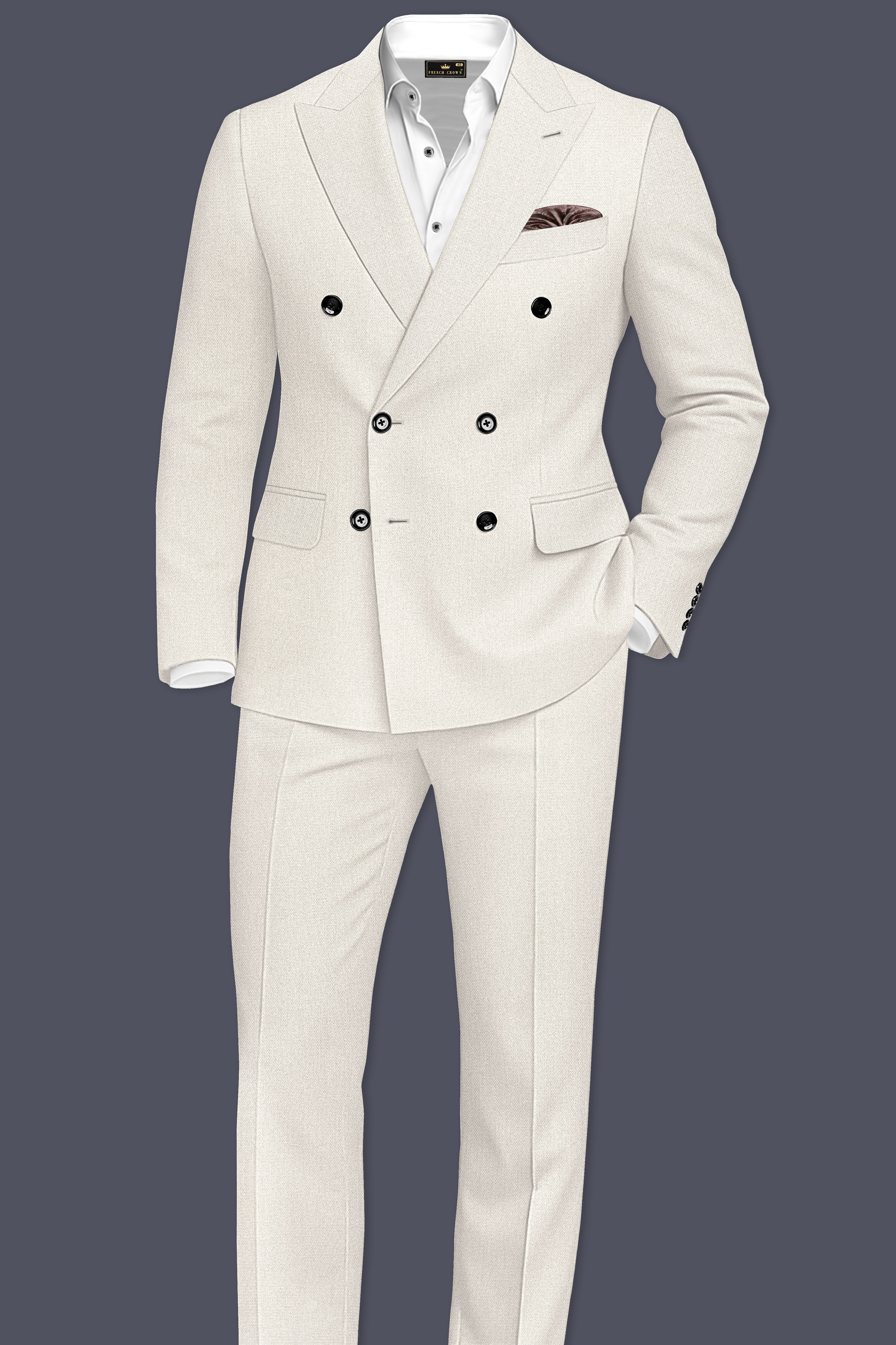Ecru-Merino Off White Diamond Textured Wool Rich Slight Stretch Double Breasted Suit