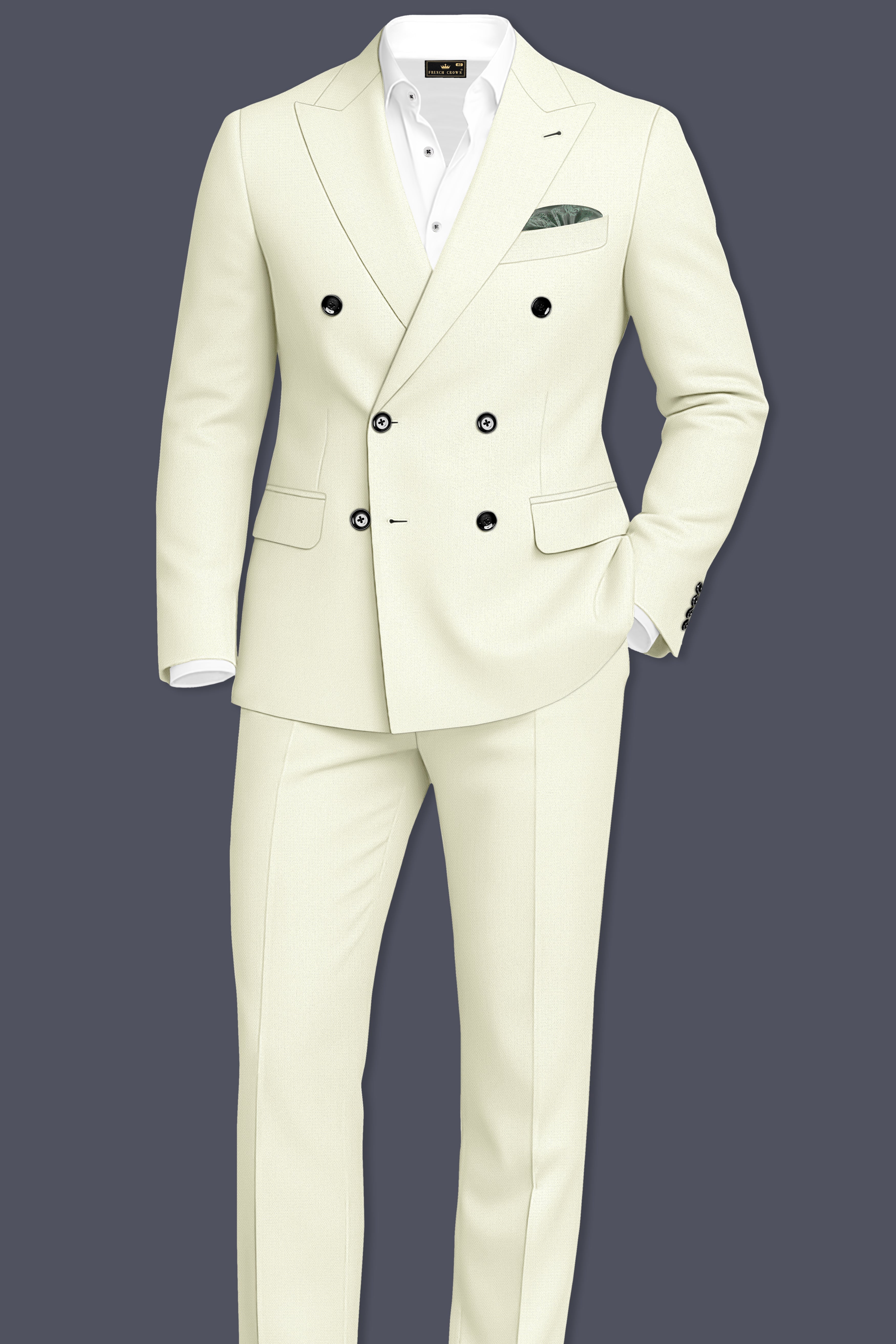 Ecru-Merino Off White Diamond Textured Wool Rich Slight Stretch Double Breasted Suit