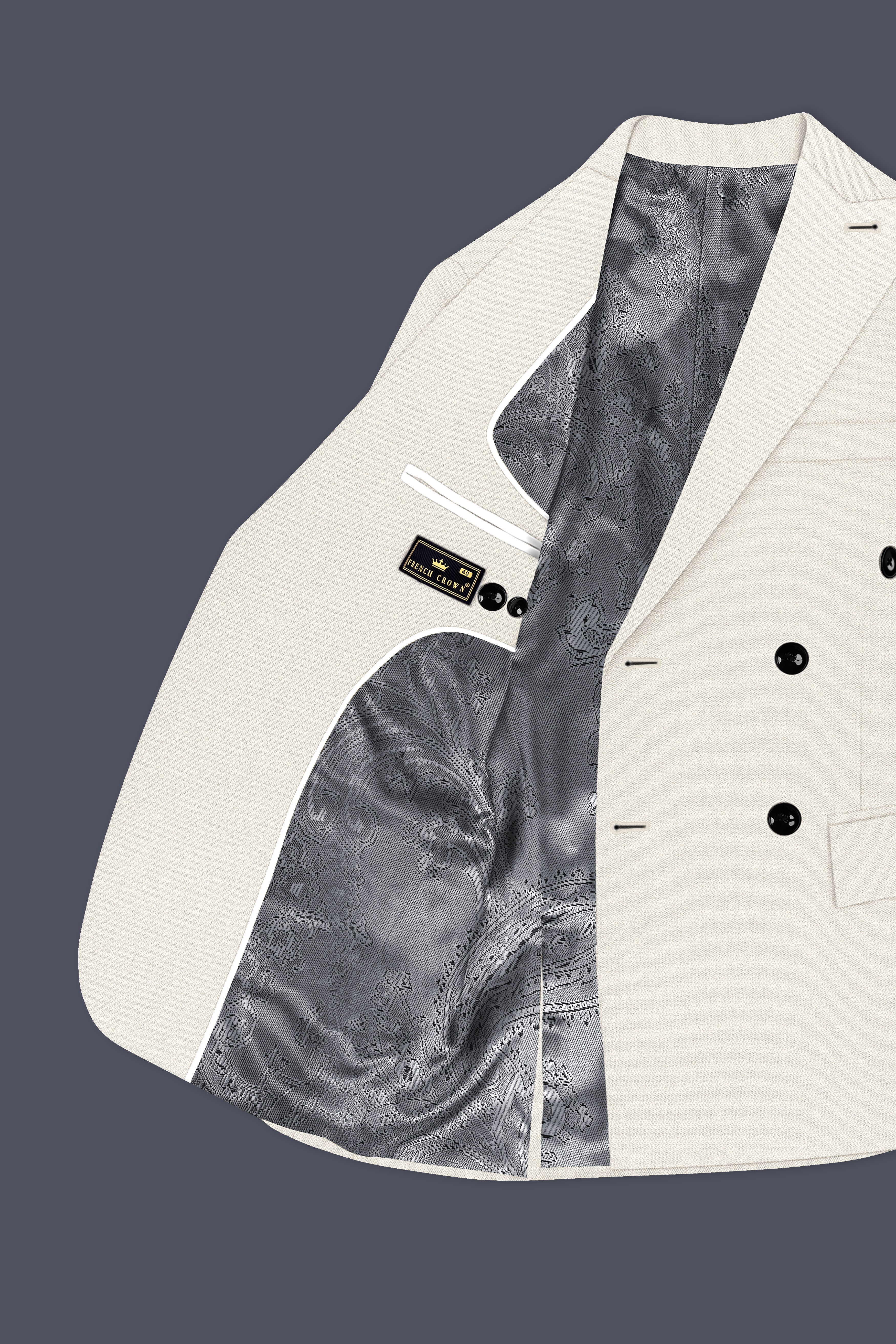 Ecru-Merino Off White Diamond Textured Wool Rich Slight Stretch Double Breasted Suit