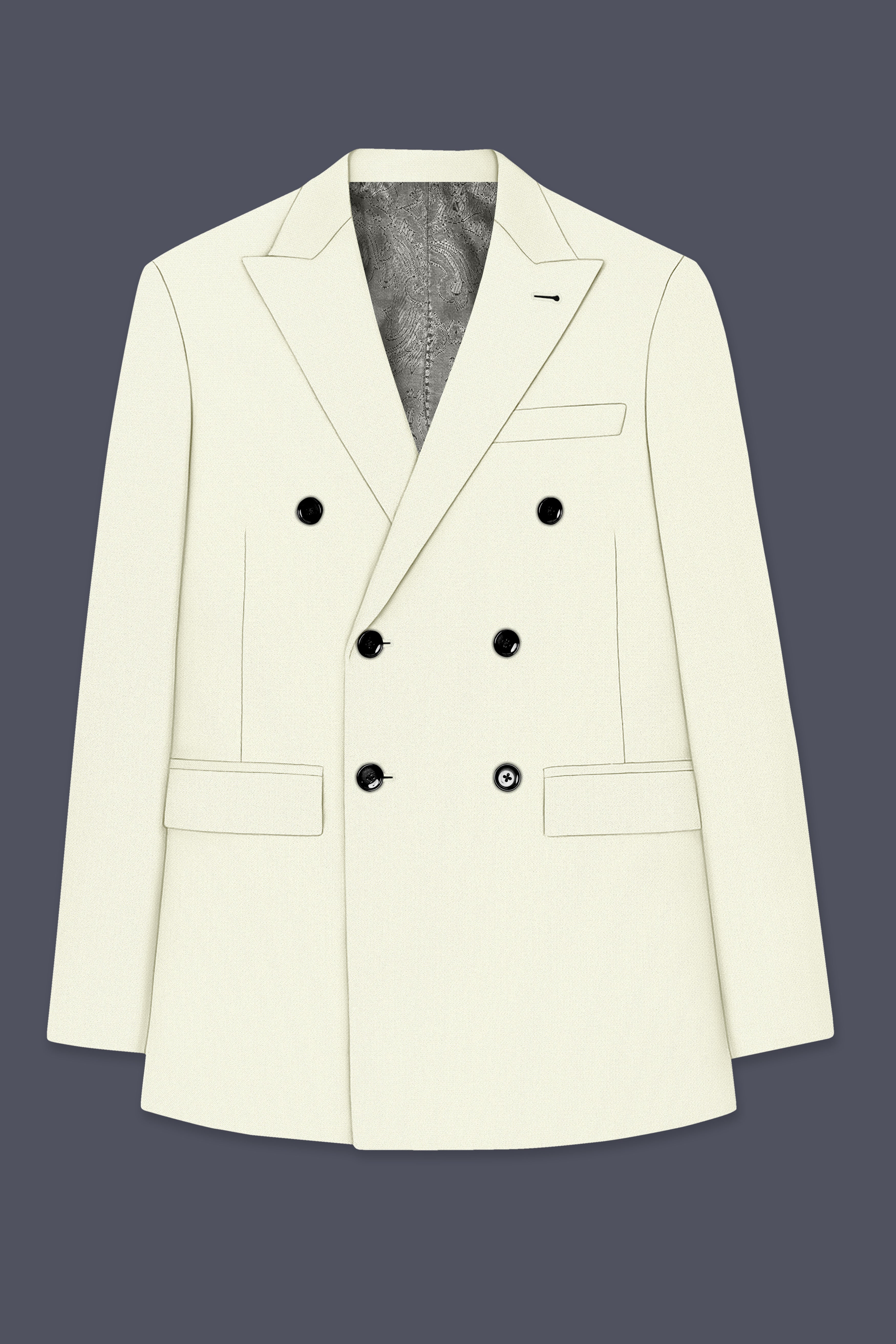 Ecru-Merino Off White Diamond Textured Wool Rich Slight Stretch Double Breasted Suit