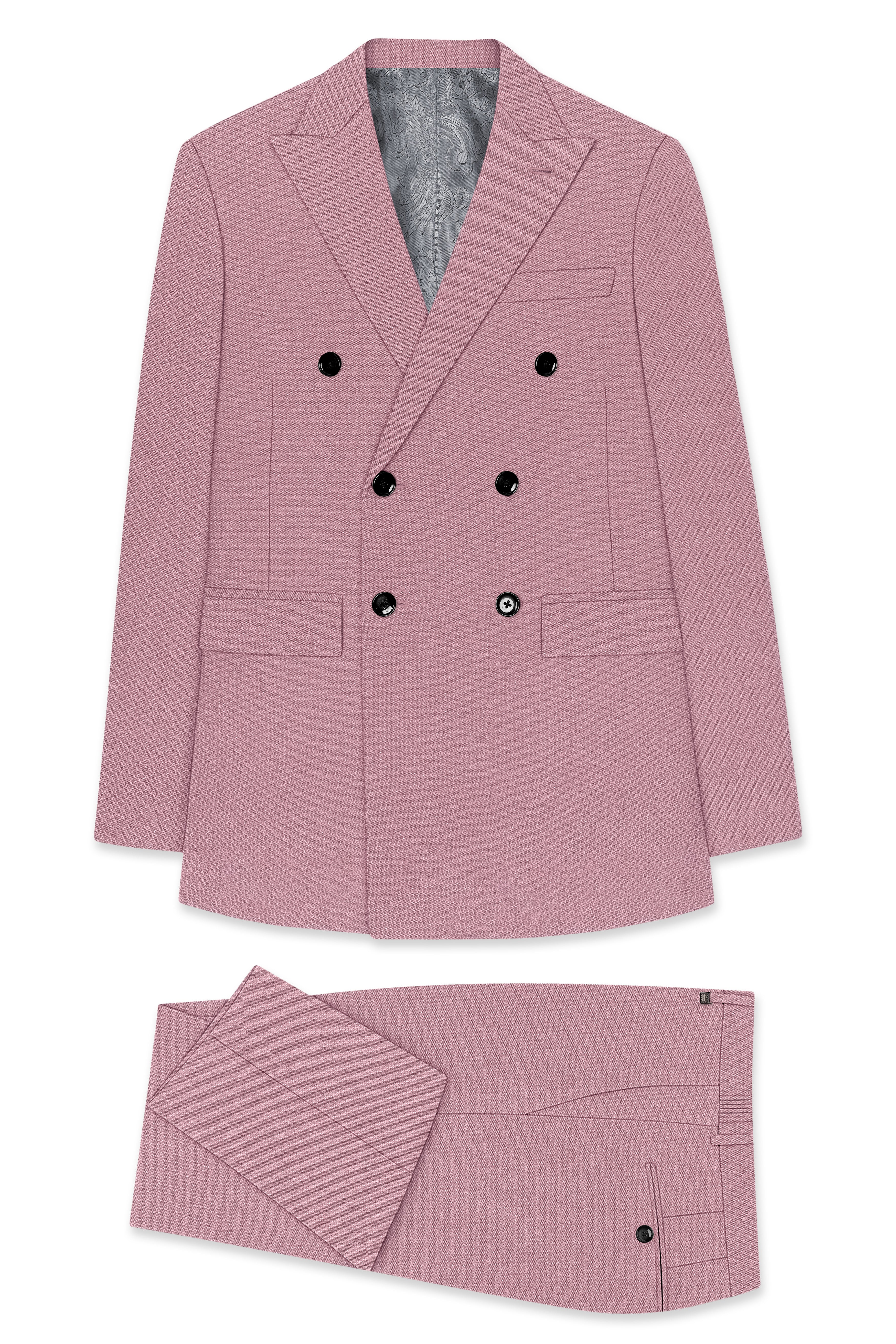 Aurore-Brandy Rose Pink Diamond Textured Wool Rich Slight Stretch Double Breasted Suit