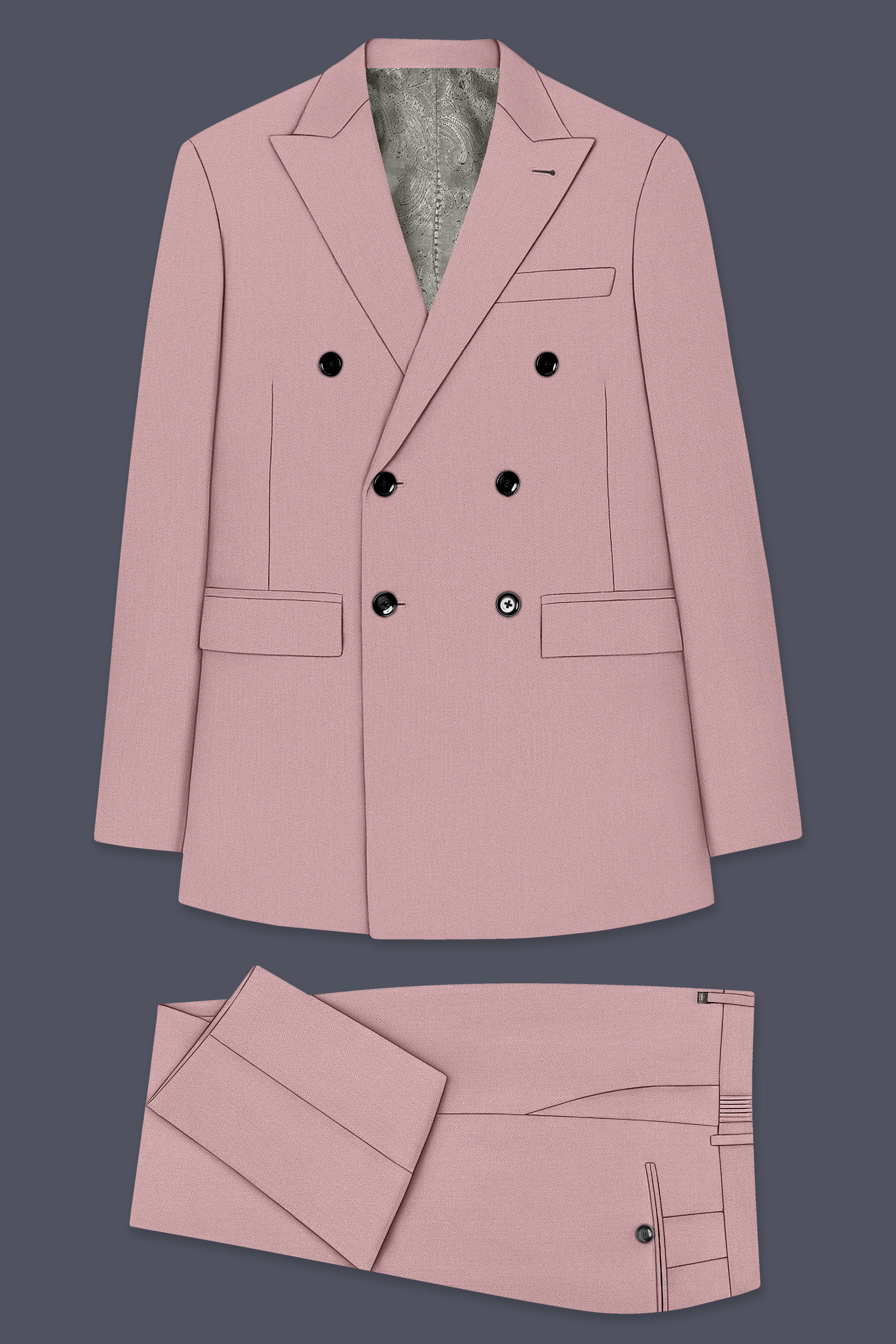 Aurore-Brandy Rose Pink Diamond Textured Wool Rich Slight Stretch Double Breasted Suit