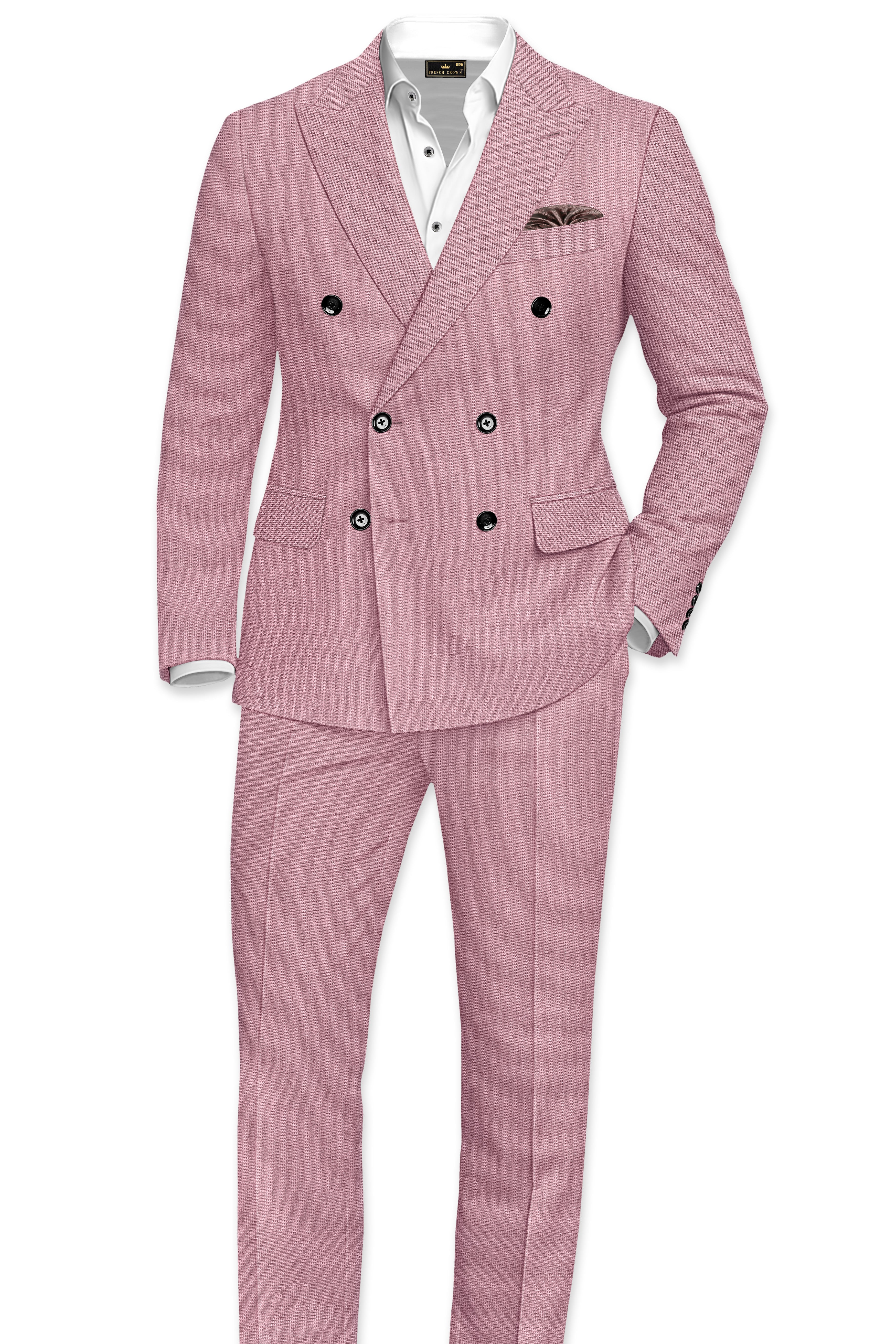 Aurore-Brandy Rose Pink Diamond Textured Wool Rich Slight Stretch Double Breasted Suit