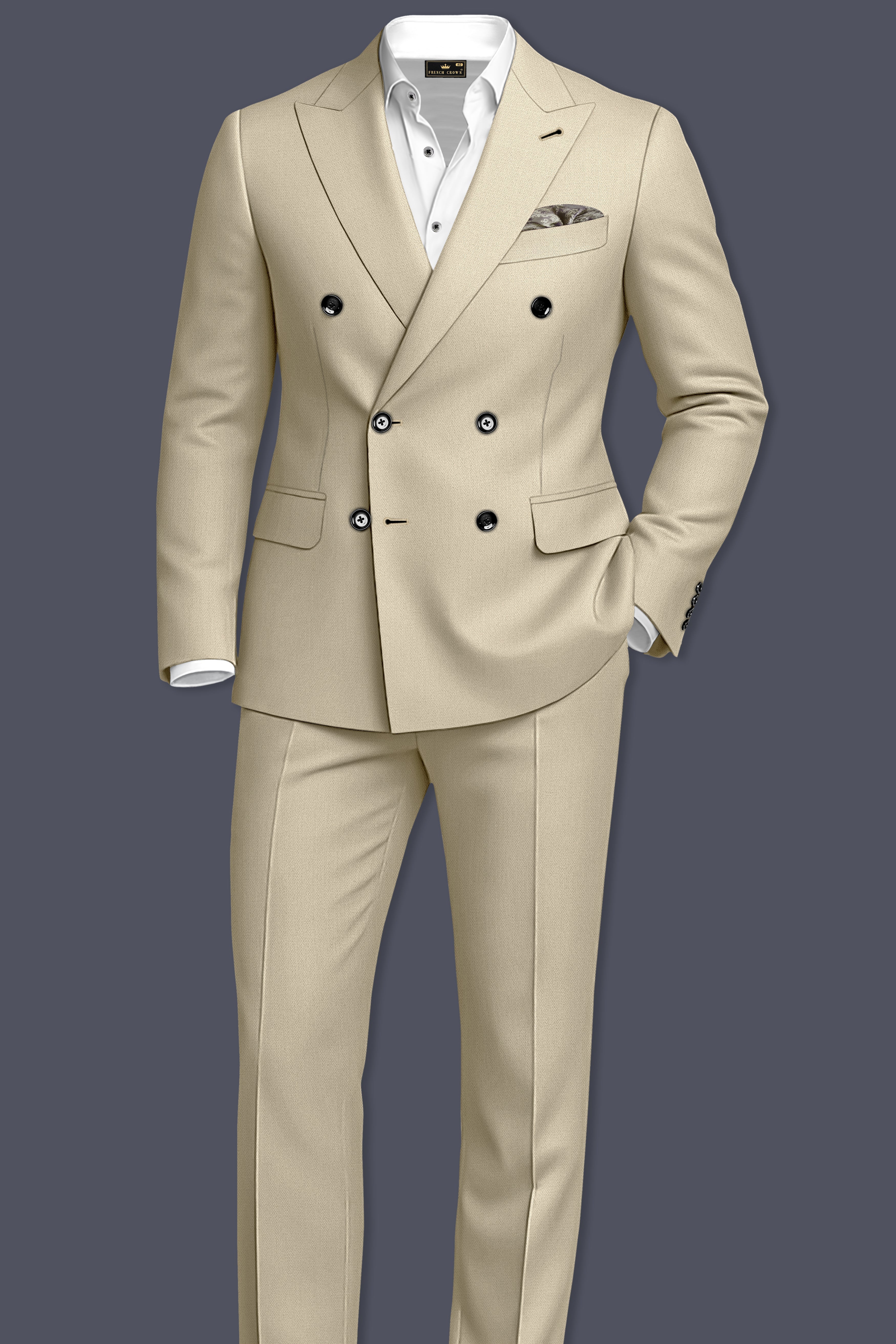 Vellum-Rodeo Cream Diamond Textured Wool Rich Slight Stretch Double Breasted Suit