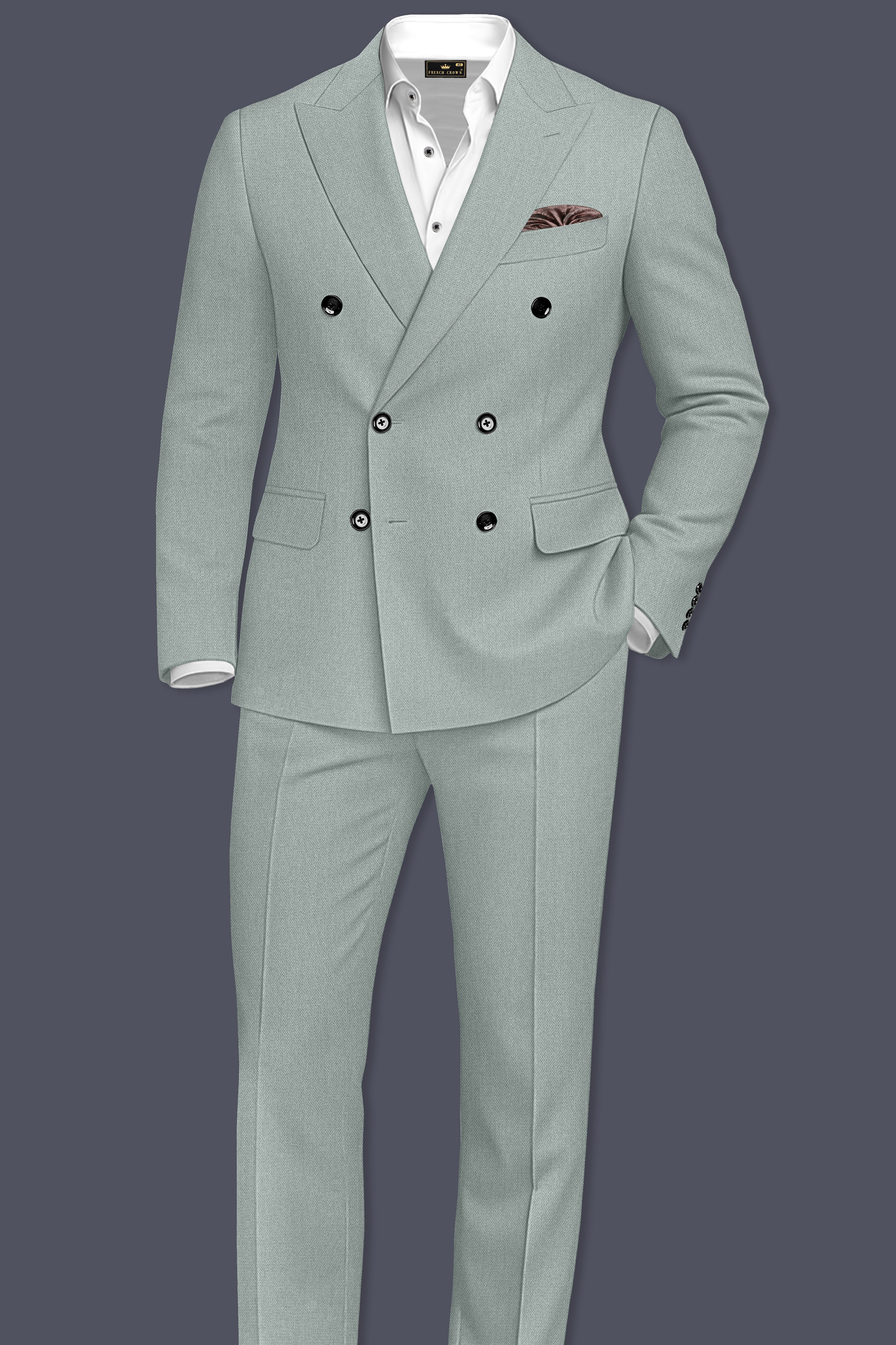 Sylvan-Cascade Green Diamond Textured Wool Rich Slight Stretch Double Breasted Suit