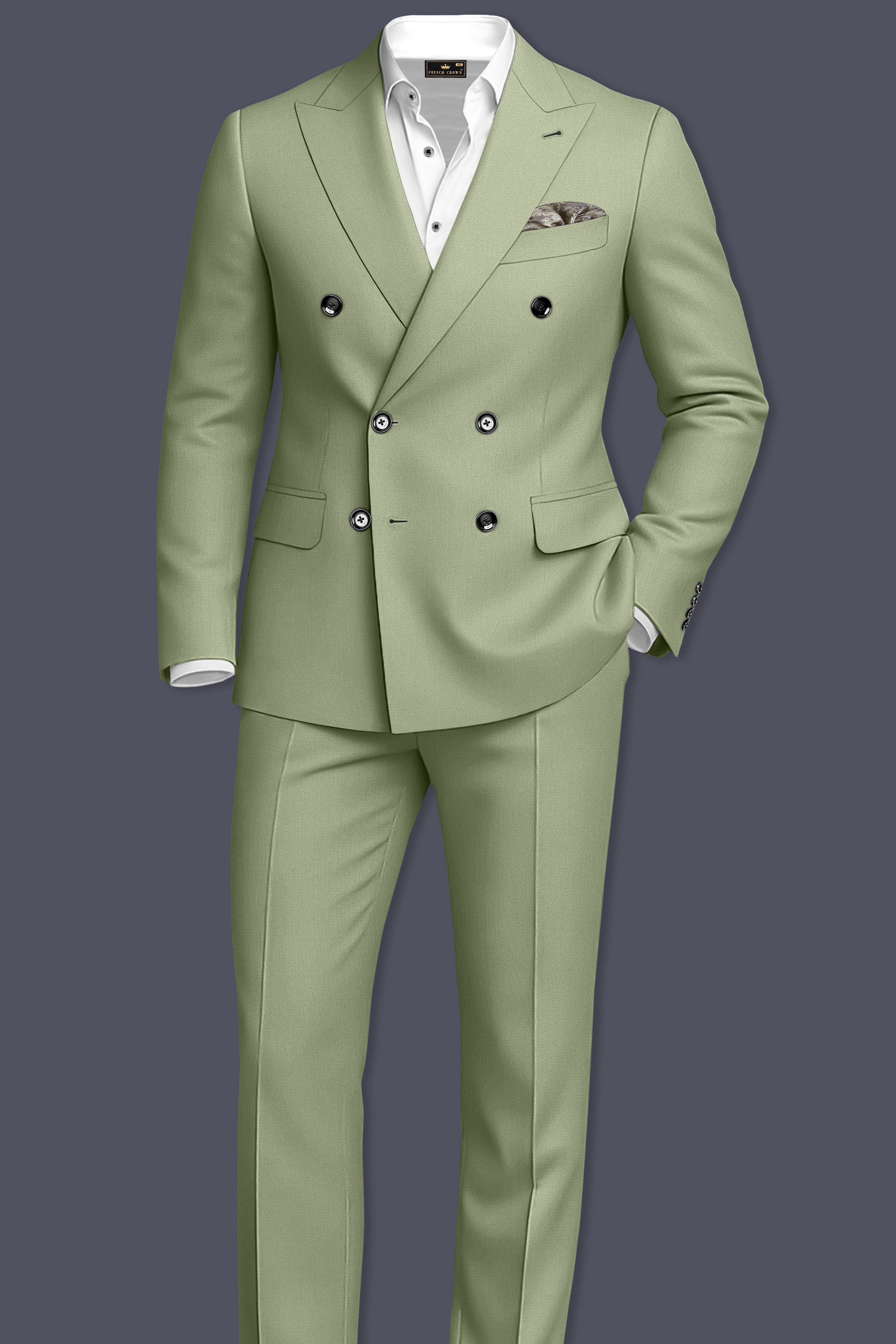 Verdo-Pablo Green Diamond Textured Wool Rich Slight Stretch Double Breasted Suit