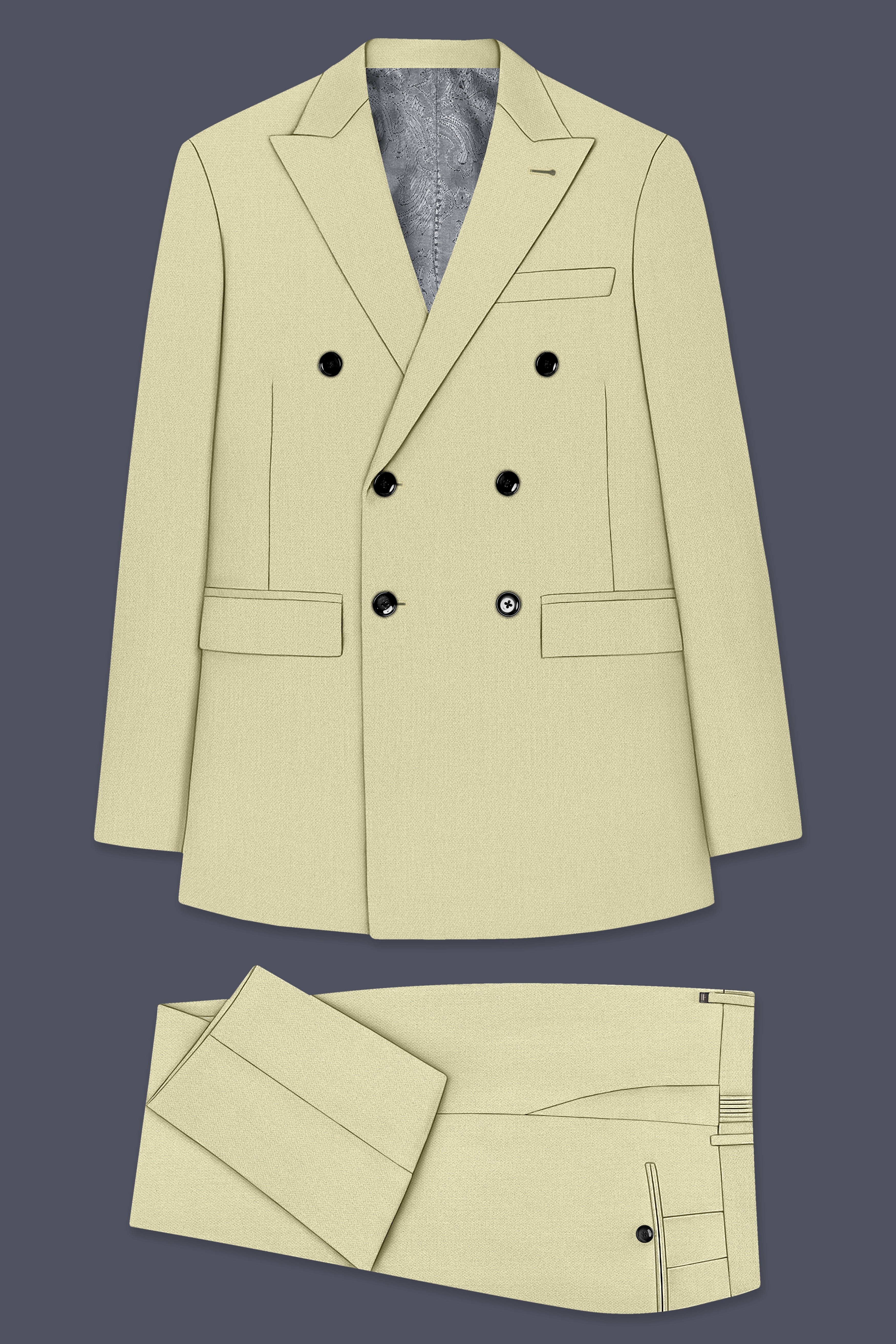 Cedar-Tallow Green Diamond Textured Wool Rich Slight Stretch Double Breasted Suit