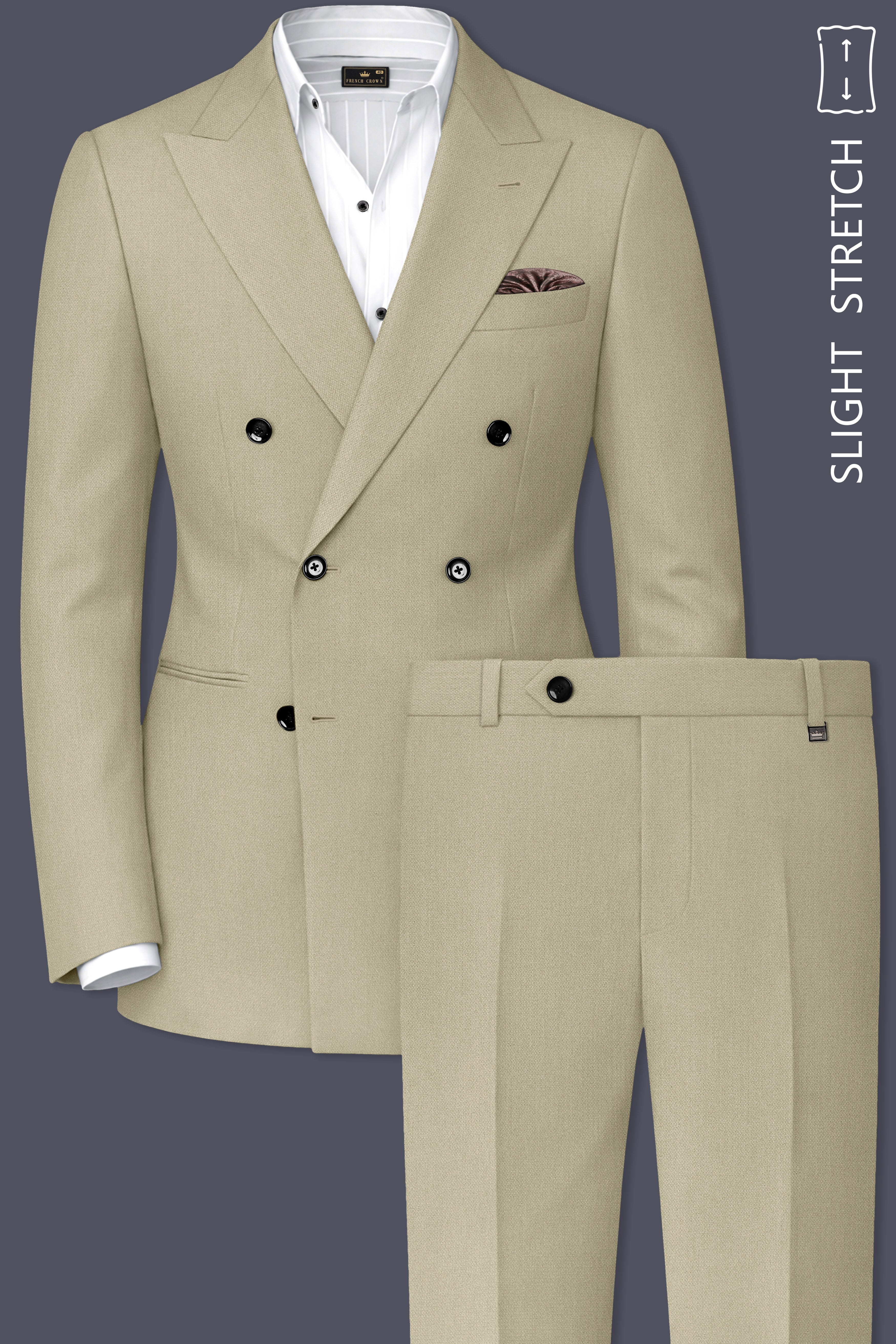 Cedar-Tallow Green Diamond Textured Wool Rich Slight Stretch Double Breasted Suit