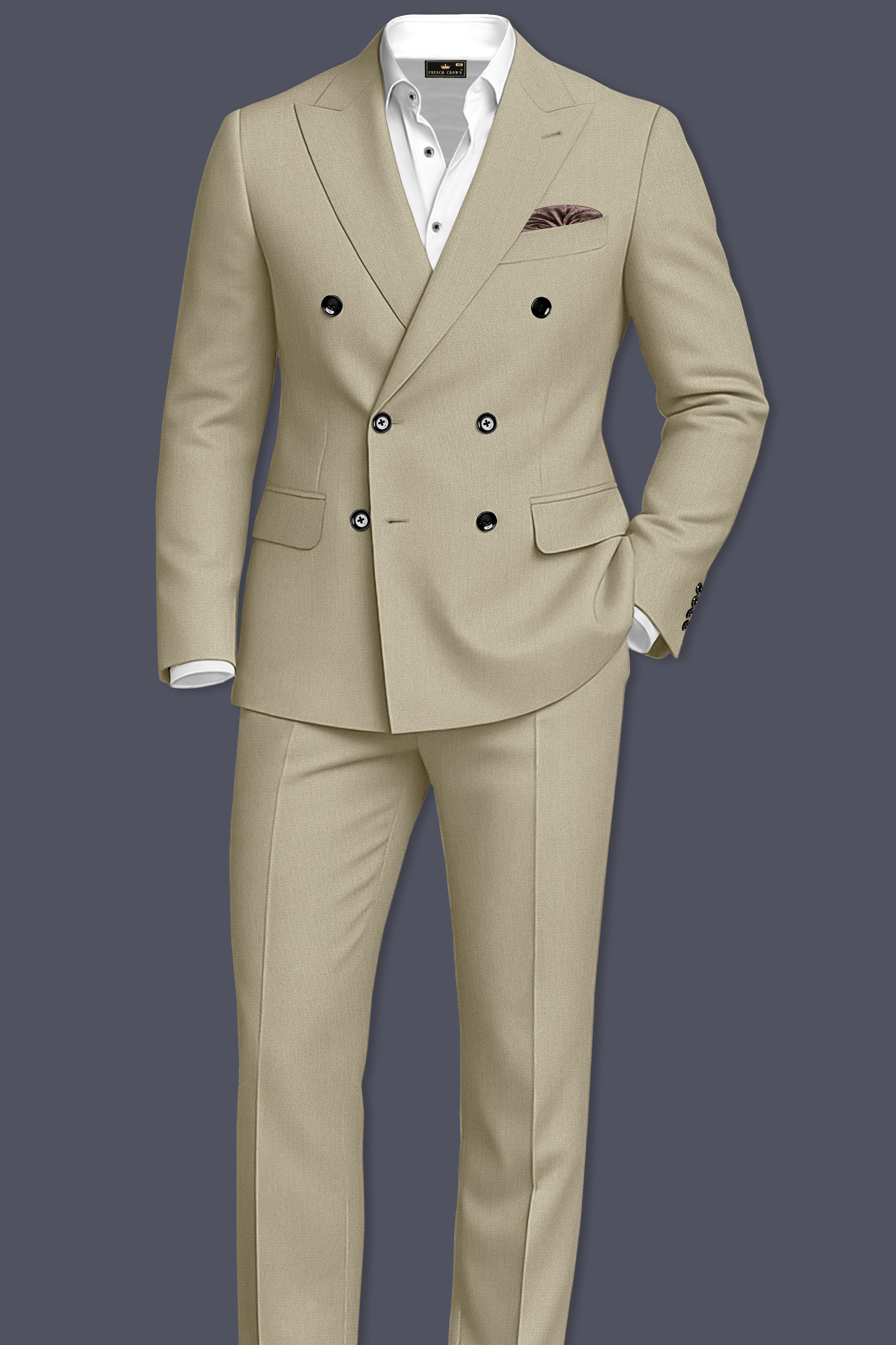 Cedar-Tallow Green Diamond Textured Wool Rich Slight Stretch Double Breasted Suit